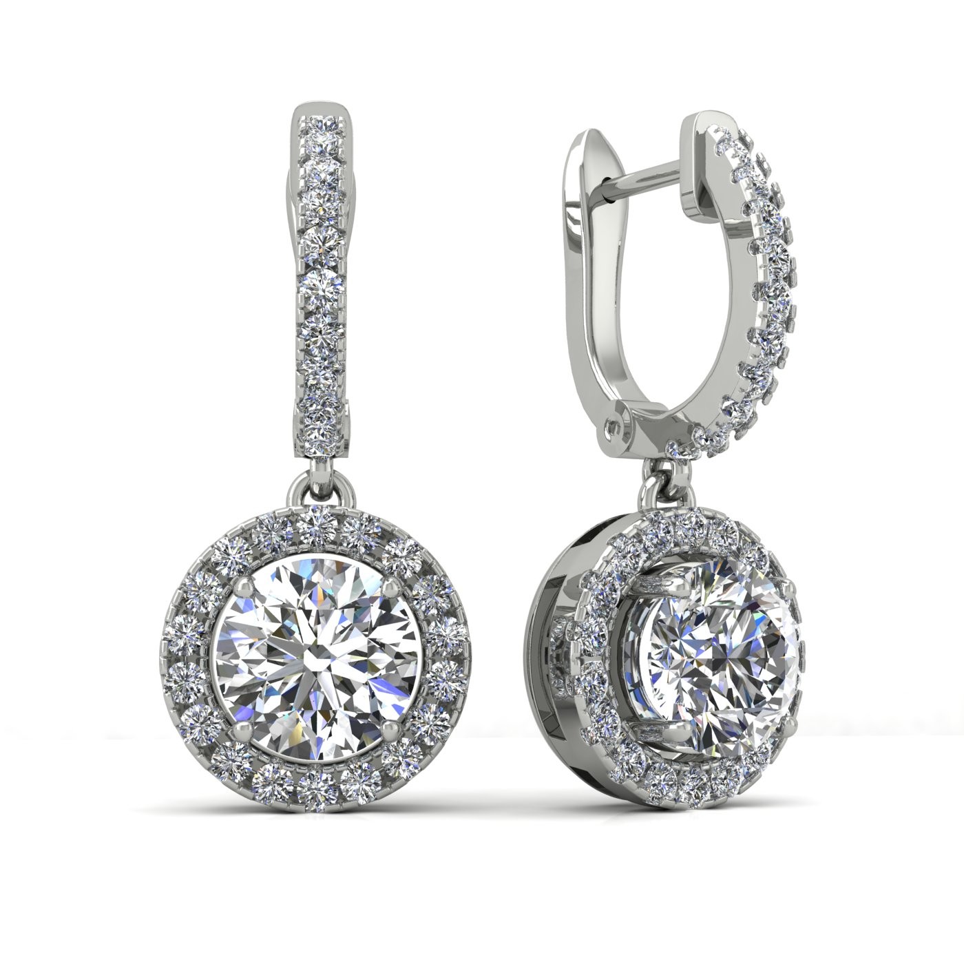 18k white gold  0,1 ct each (0,2 tcw) round brilliant cut diamond hanging hoop earrings with diamond halo Photos & images