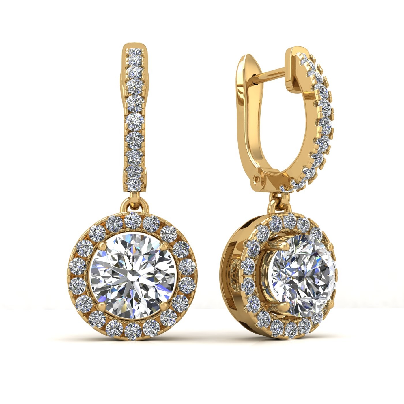 18k yellow gold  0,1 ct each (0,2 tcw) round brilliant cut diamond hanging hoop earrings with diamond halo Photos & images