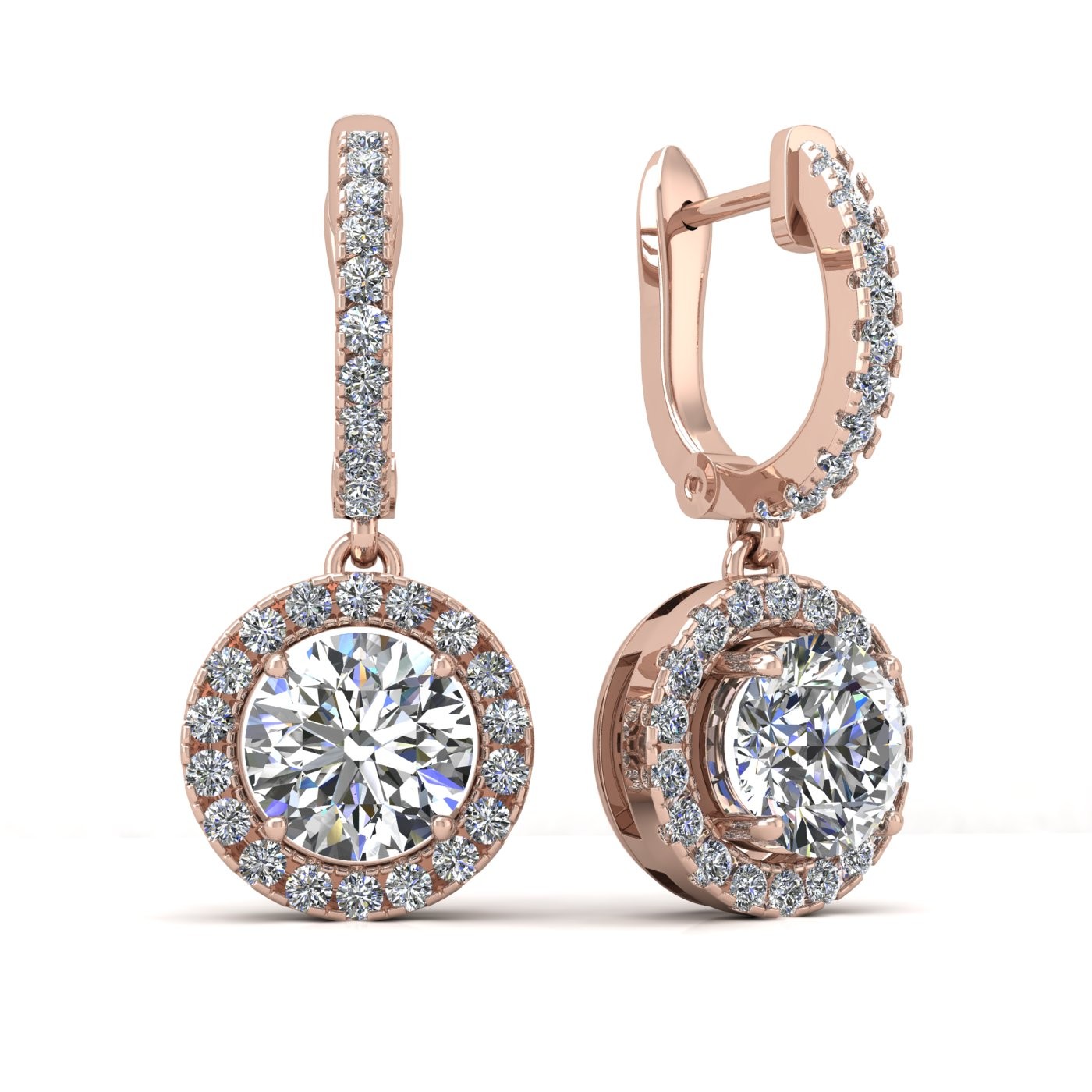 18k rose gold  0,1 ct each (0,2 tcw) round brilliant cut diamond hanging hoop earrings with diamond halo Photos & images