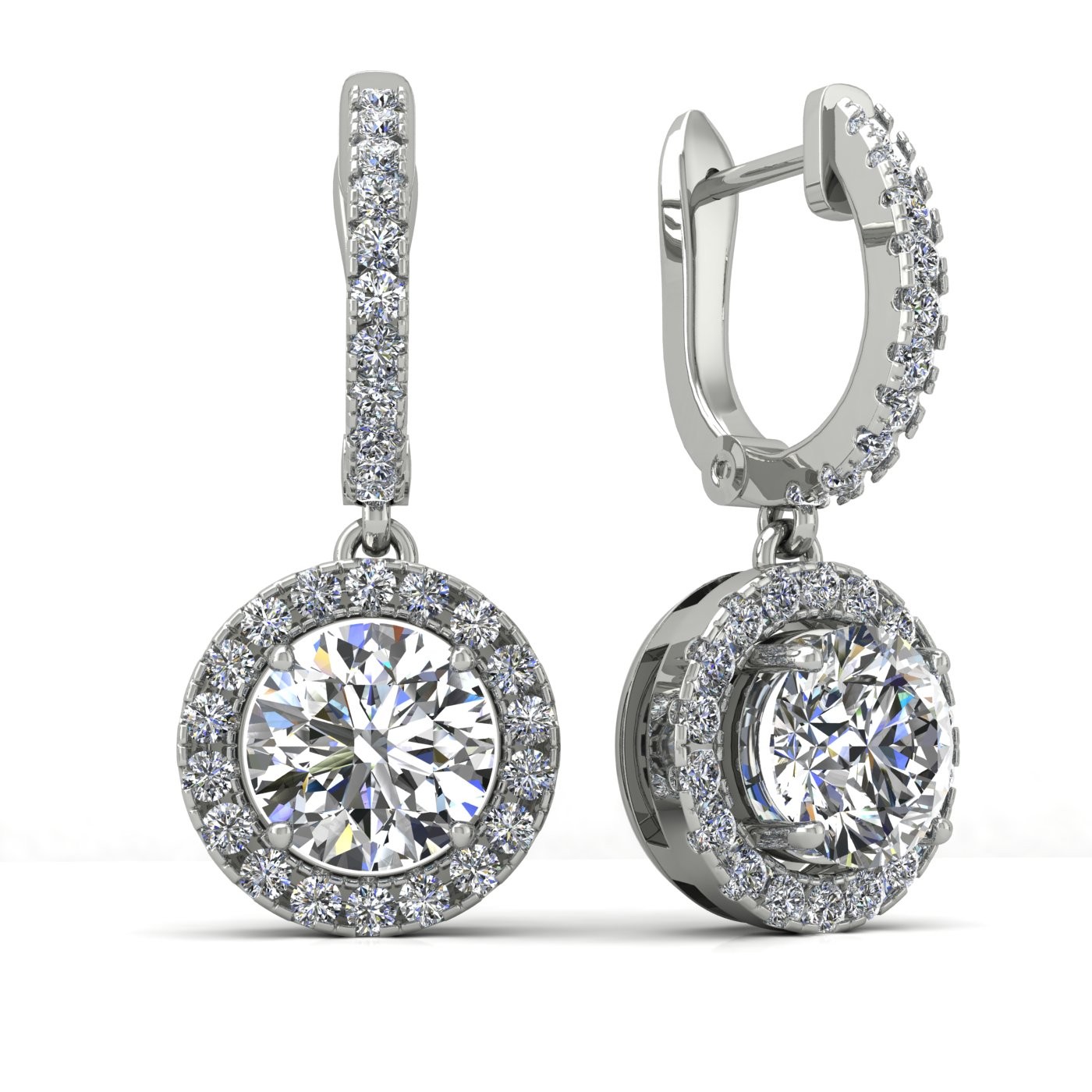 18k white gold  0,1 ct each (0,2 tcw) round brilliant cut diamond hanging hoop earrings with diamond halo Photos & images