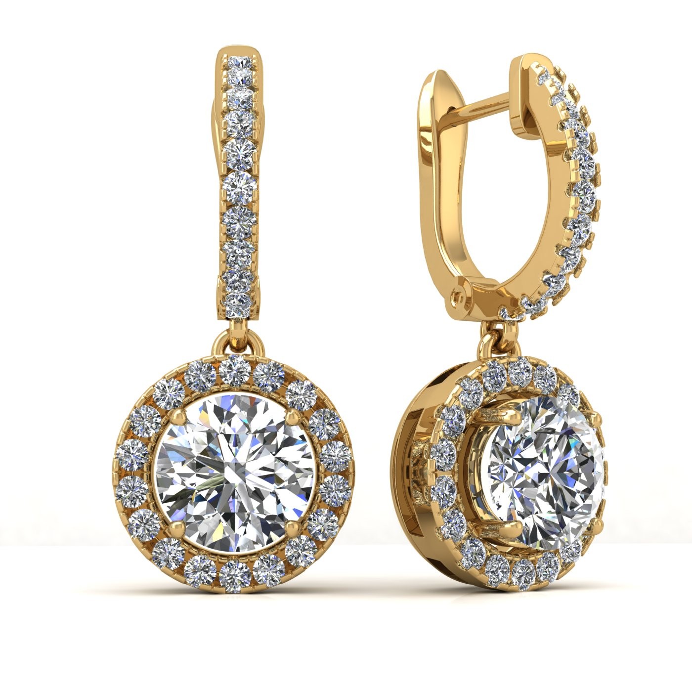 18k yellow gold  0,1 ct each (0,2 tcw) round brilliant cut diamond hanging hoop earrings with diamond halo Photos & images