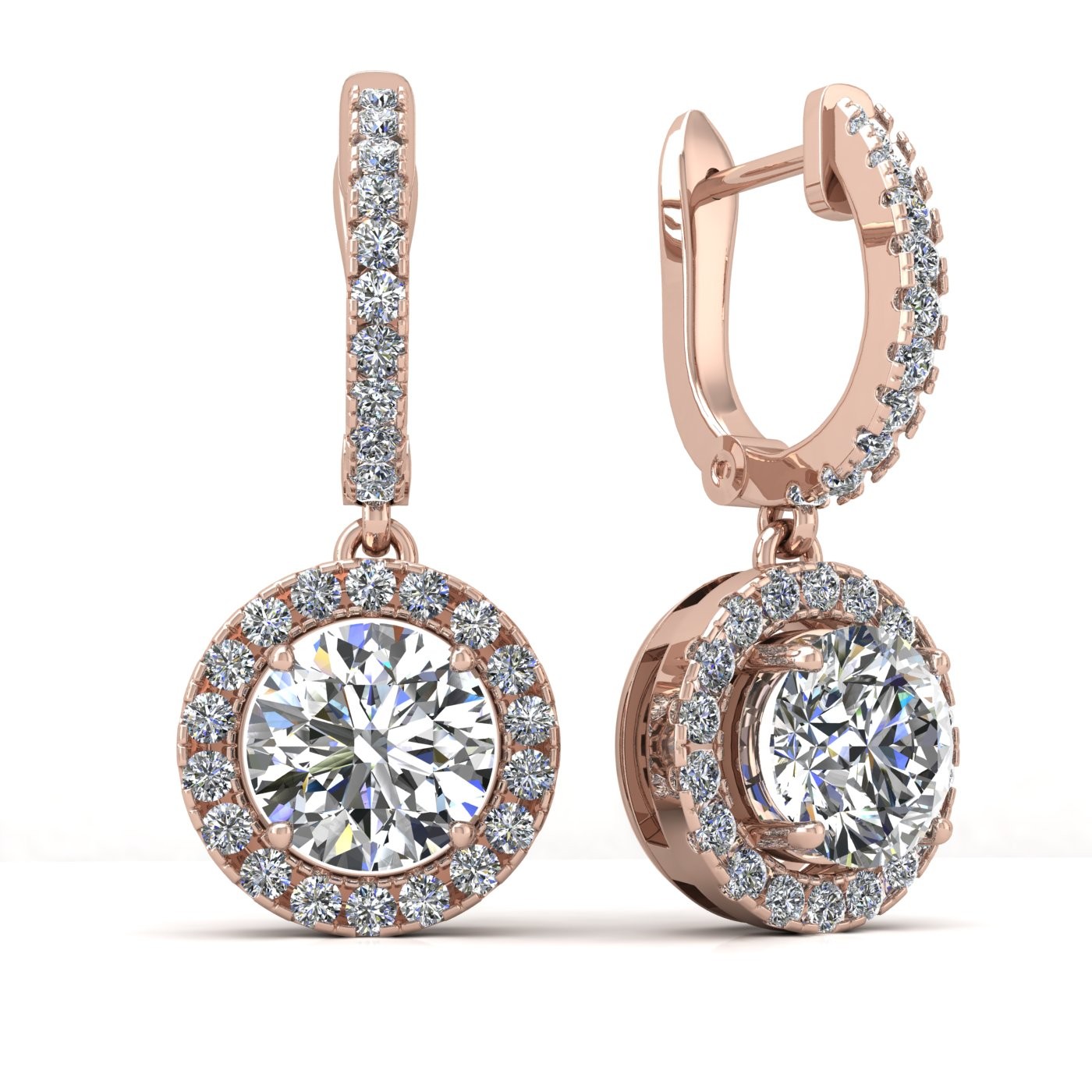 18k rose gold  0,1 ct each (0,2 tcw) round brilliant cut diamond hanging hoop earrings with diamond halo Photos & images