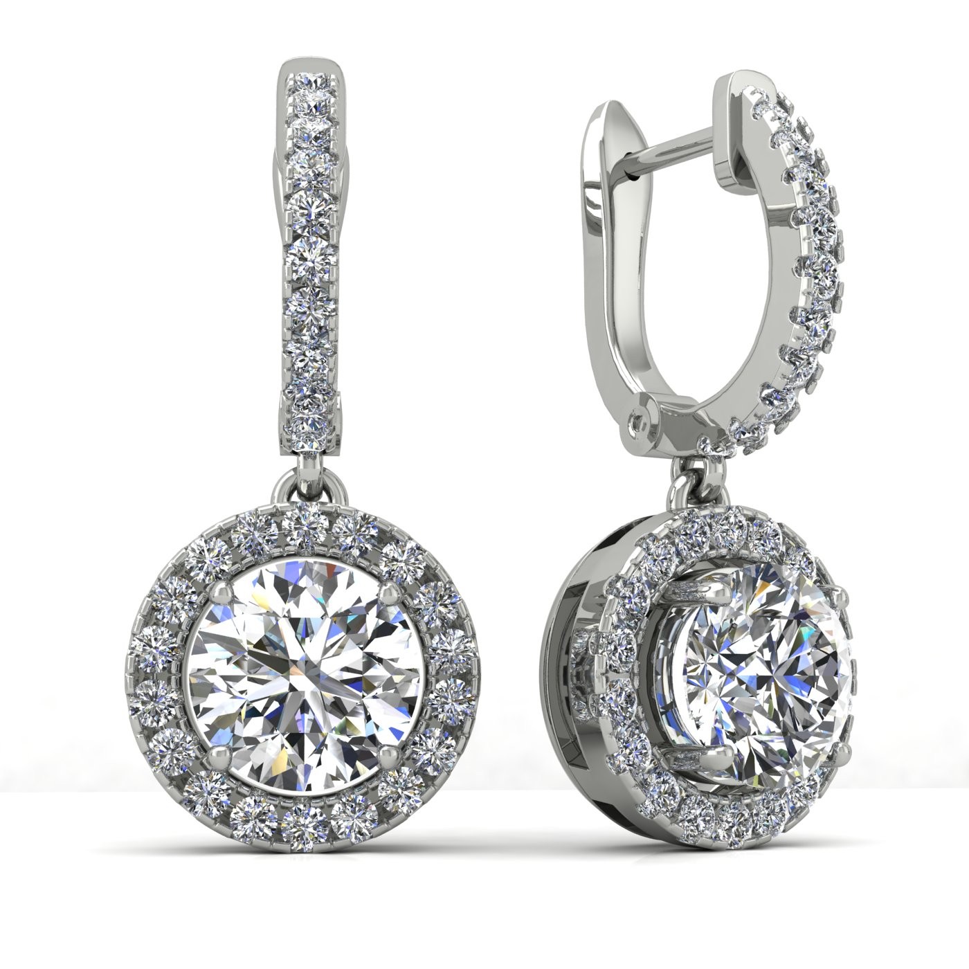 18k white gold  0,1 ct each (0,2 tcw) round brilliant cut diamond hanging hoop earrings with diamond halo Photos & images