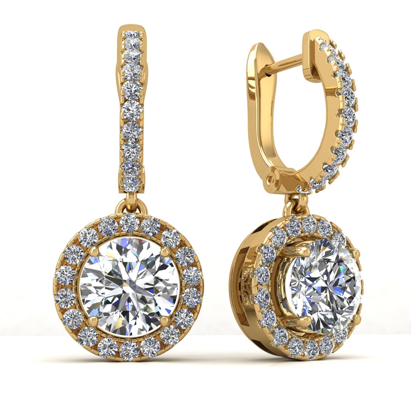 18k yellow gold  0,1 ct each (0,2 tcw) round brilliant cut diamond hanging hoop earrings with diamond halo Photos & images