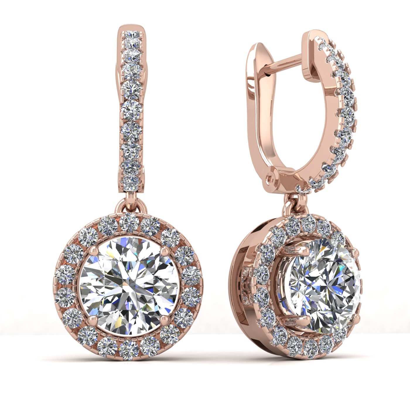 18k rose gold  0,1 ct each (0,2 tcw) round brilliant cut diamond hanging hoop earrings with diamond halo Photos & images
