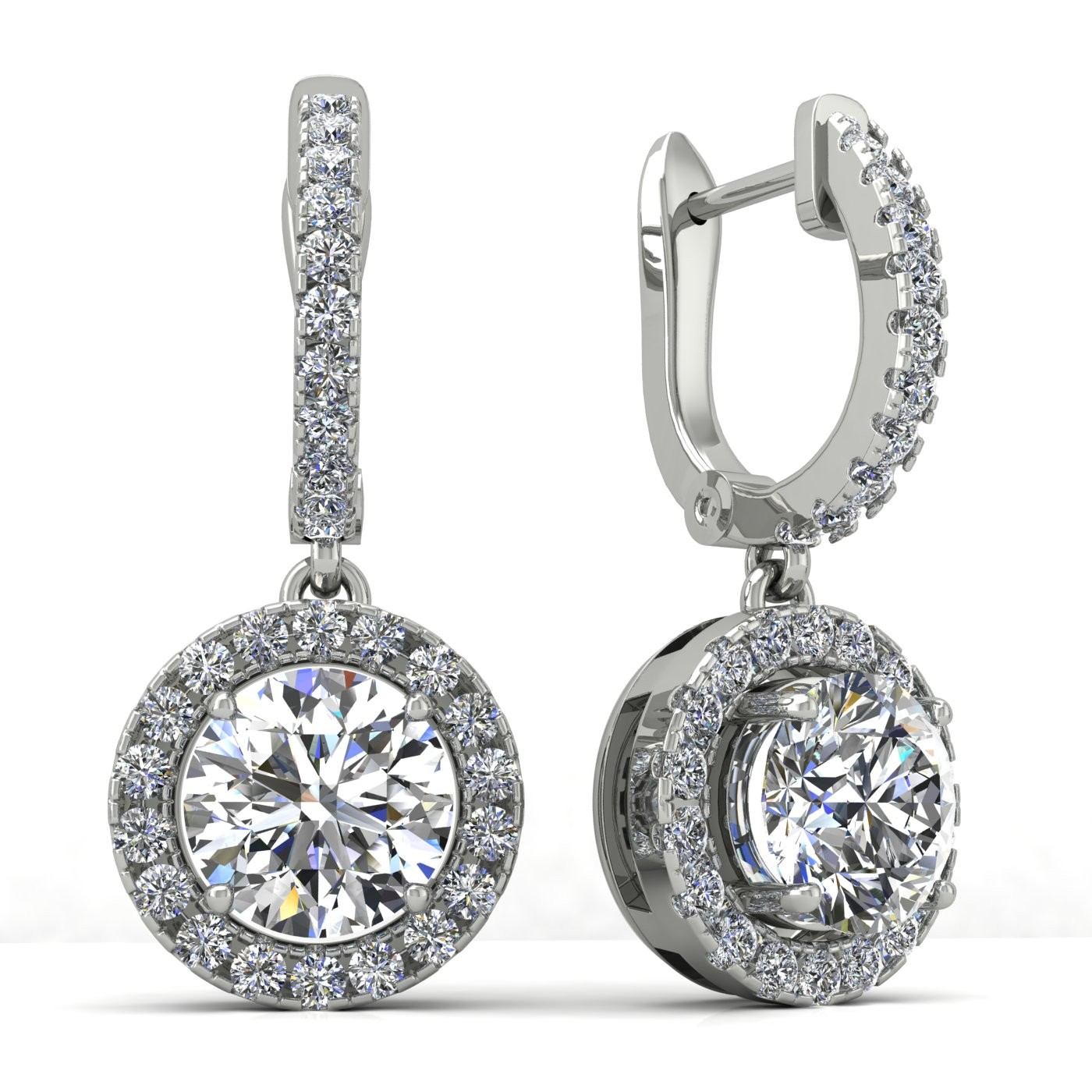 18k white gold  0,1 ct each (0,2 tcw) round brilliant cut diamond hanging hoop earrings with diamond halo Photos & images