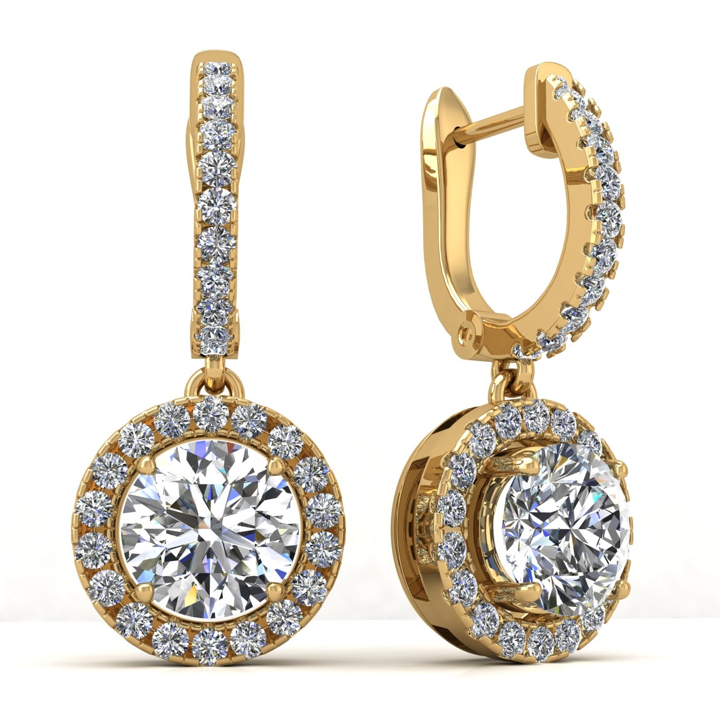 18k yellow gold  0,1 ct each (0,2 tcw) round brilliant cut diamond hanging hoop earrings with diamond halo Photos & images