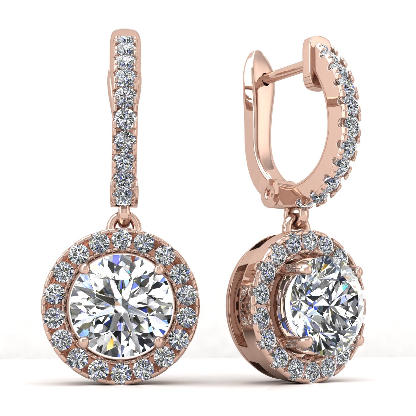 18k rose gold  0,1 ct each (0,2 tcw) round brilliant cut diamond hanging hoop earrings with diamond halo Photos & images