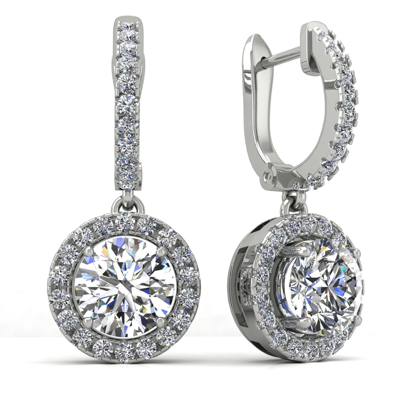 18k white gold  0,1 ct each (0,2 tcw) round brilliant cut diamond hanging hoop earrings with diamond halo Photos & images