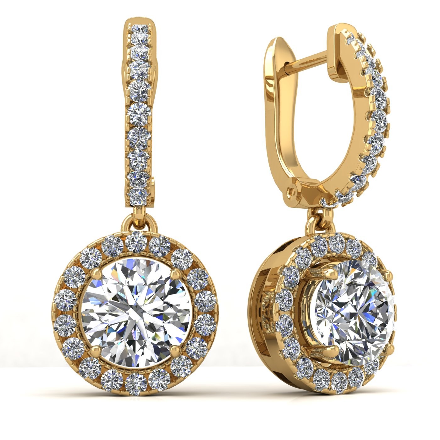 18k yellow gold  0,1 ct each (0,2 tcw) round brilliant cut diamond hanging hoop earrings with diamond halo Photos & images