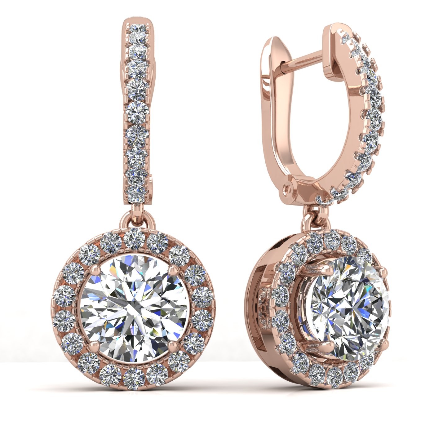 18k rose gold  0,1 ct each (0,2 tcw) round brilliant cut diamond hanging hoop earrings with diamond halo Photos & images