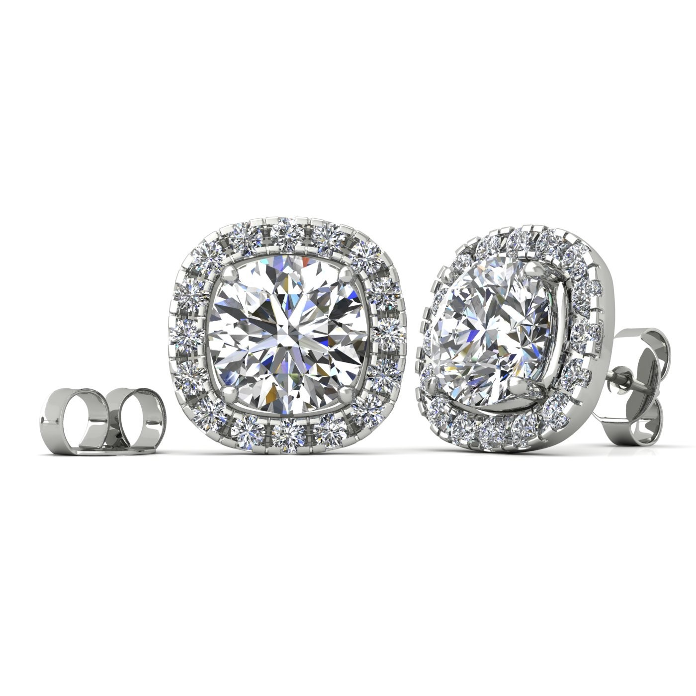 18k white gold 1 ct each (2 tcw) round brilliant cut earring studs with cushion shape halo