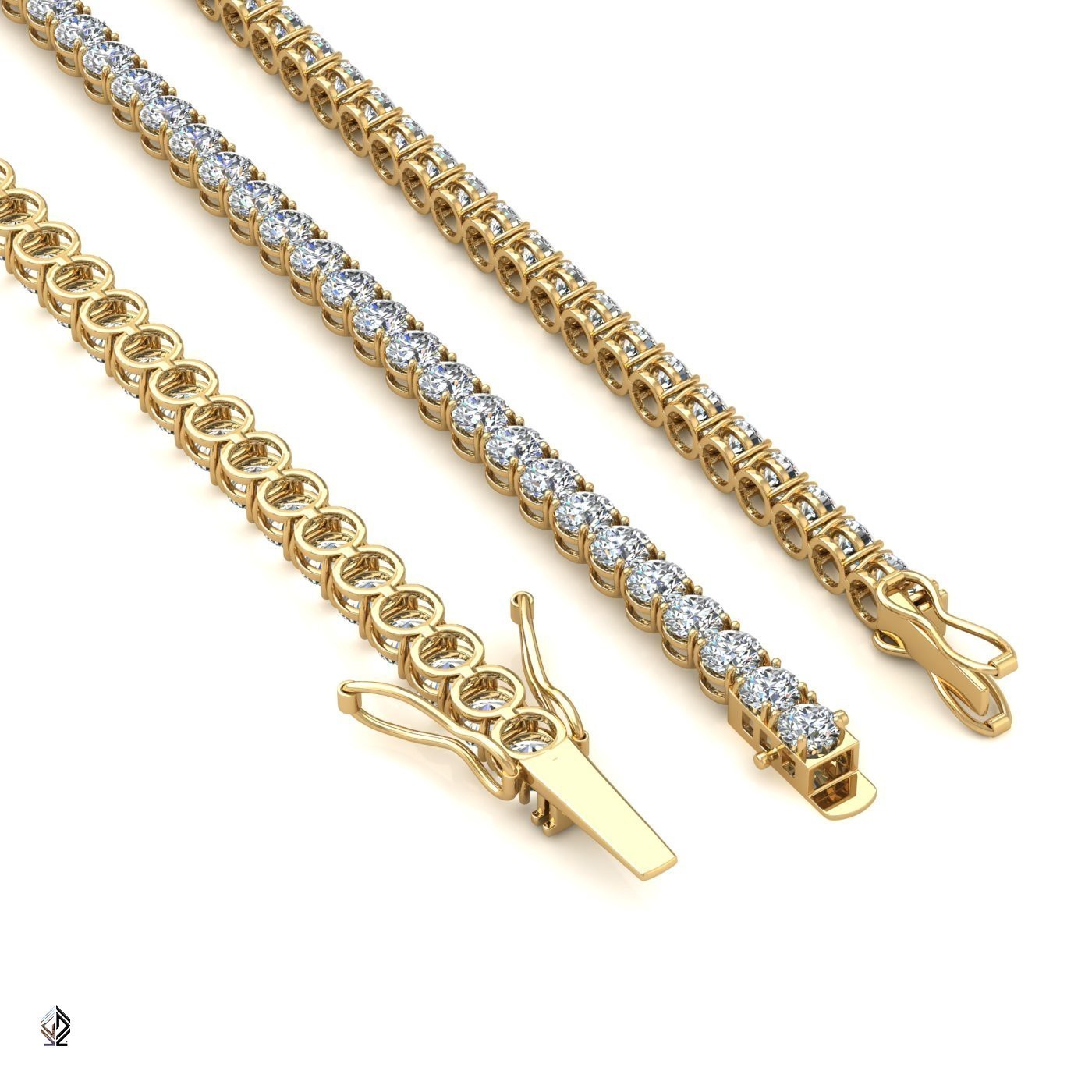 18k yellow gold 2.6mm 4 prong round shape diamond tennis bracelet in square setting
