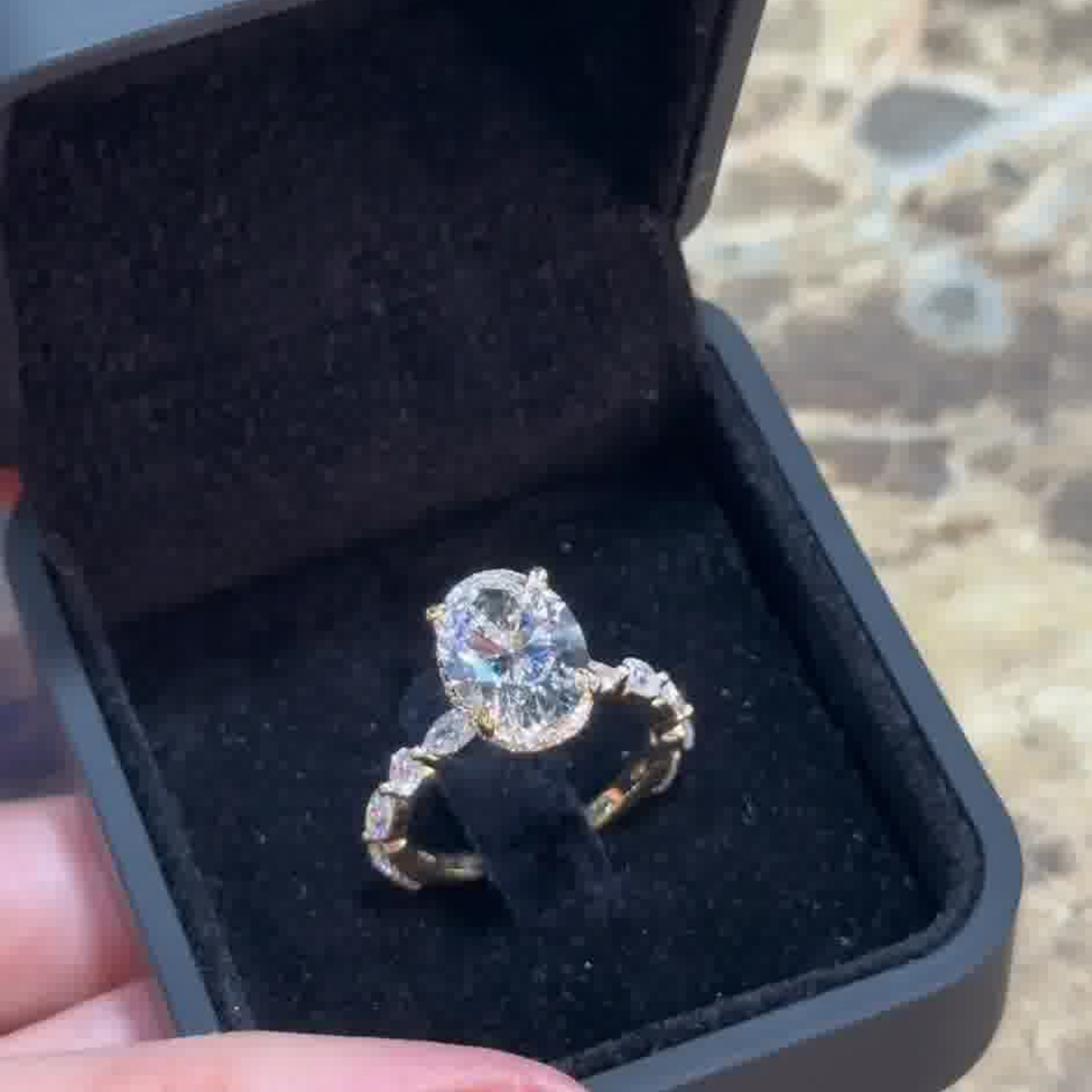 18k Yellow Gold Oval Lab-Grown Diamond Engagement Ring with Hidden Halo and ¾ Set Marquise & Round Side Diamonds