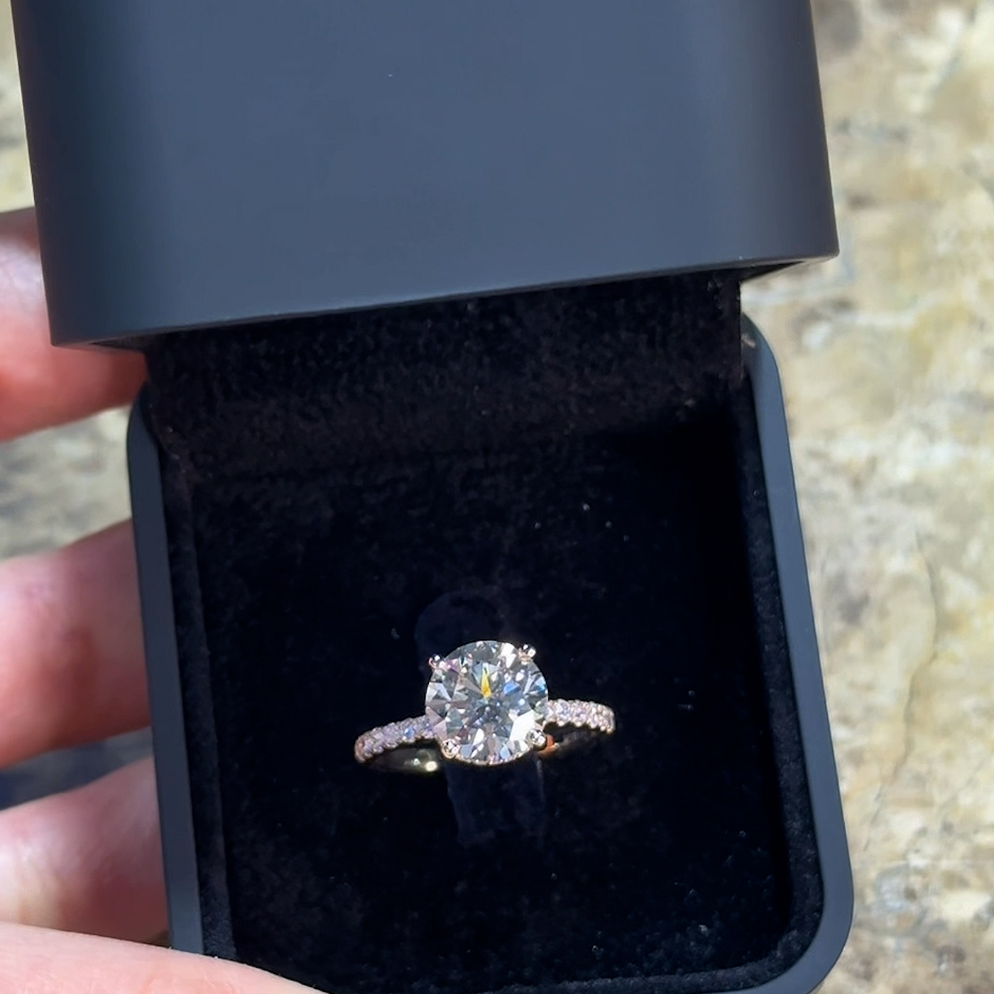 18K Yellow Gold Round Lab-Grown Diamond Engagement Ring with Hidden Halo and Half-Set Pavé Band