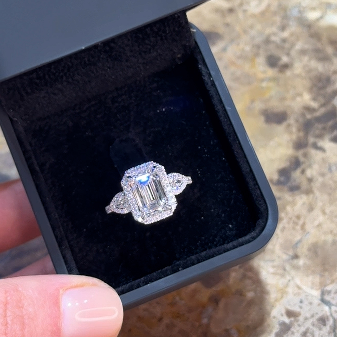 18K White Gold Emerald Cut Lab-Grown Diamond Halo and Pavé Ring with Pear Side Stones