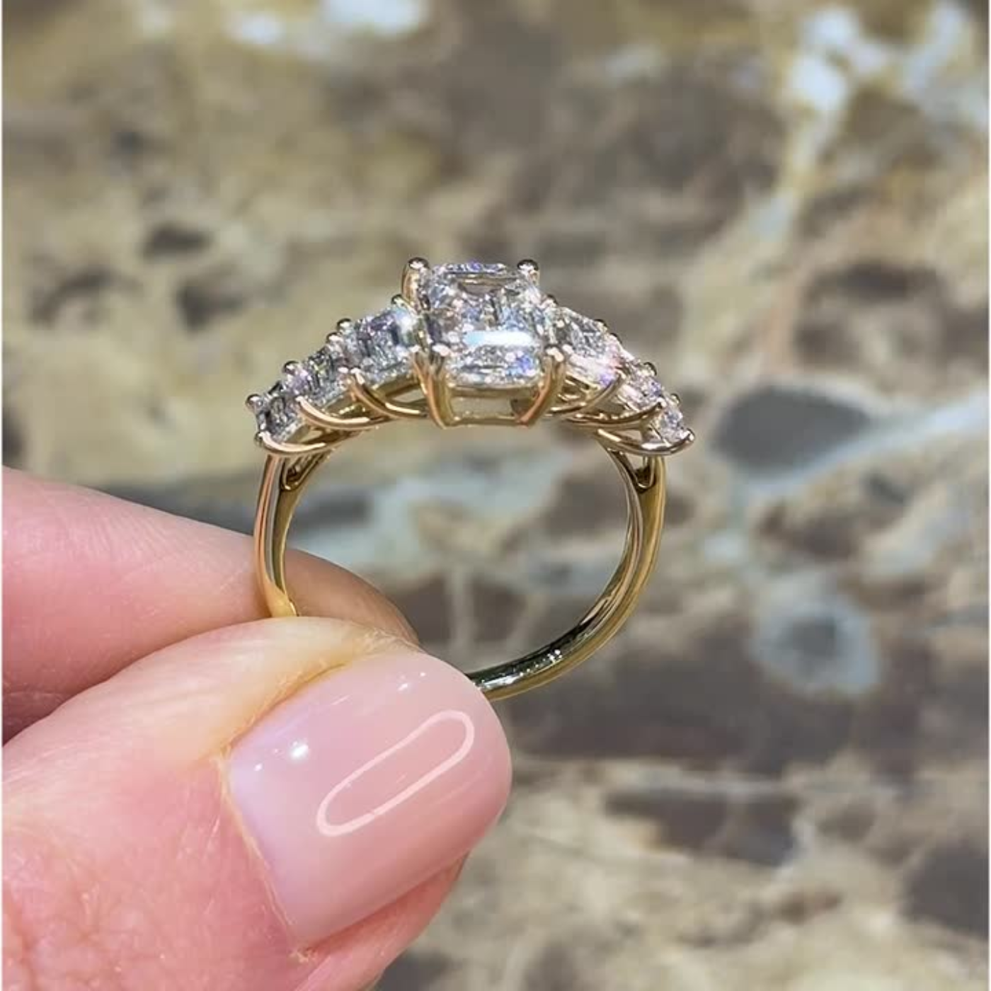 18K Yellow Gold Lab-Grown Emerald Cut Diamond Engagement Ring with 6 Emerald Cut Graduating Diamonds in Shared Prong-Set