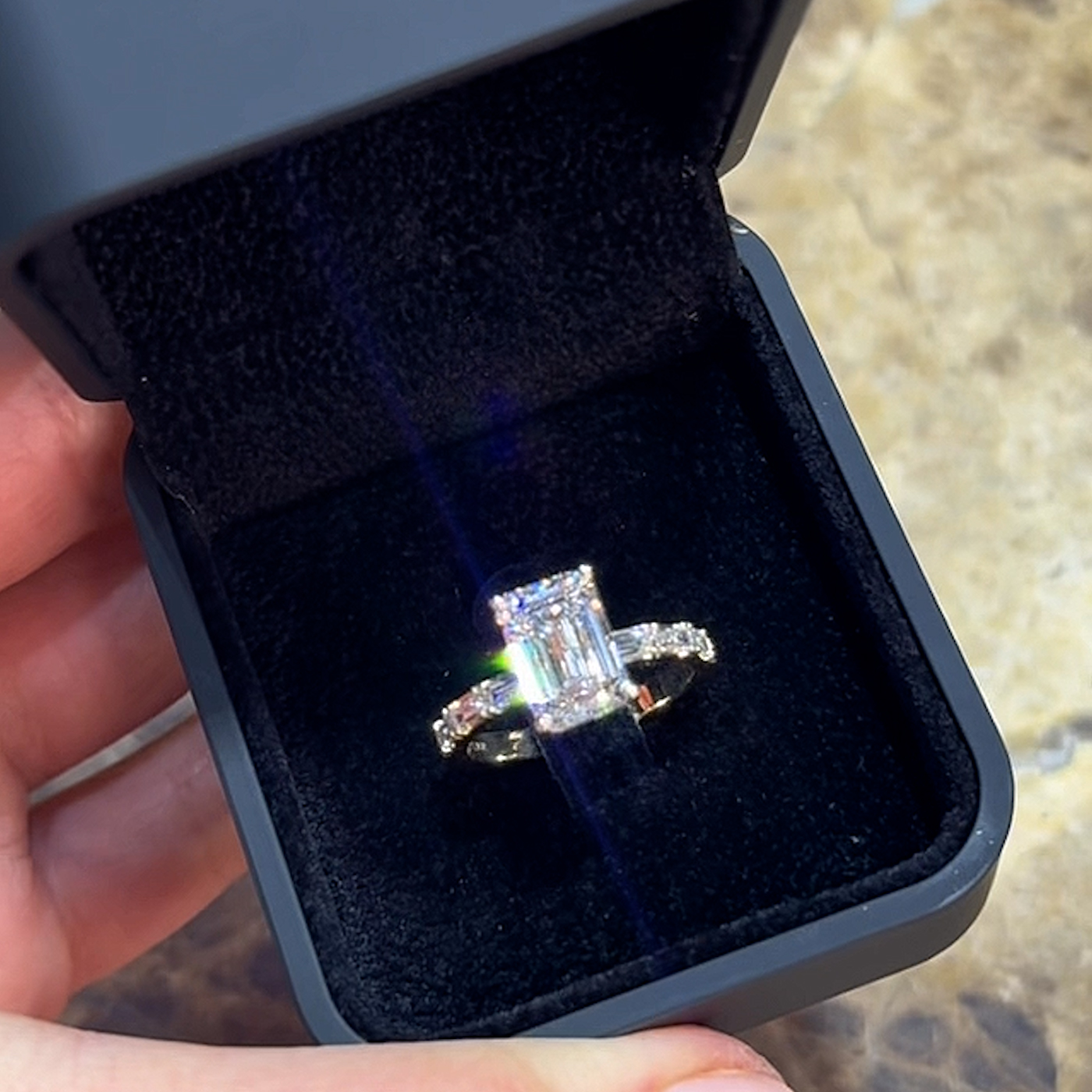 18K Yellow Gold Lab-Grown Emerald Cut Diamond Engagement Ring With Baguettes Channel Set Side Diamonds