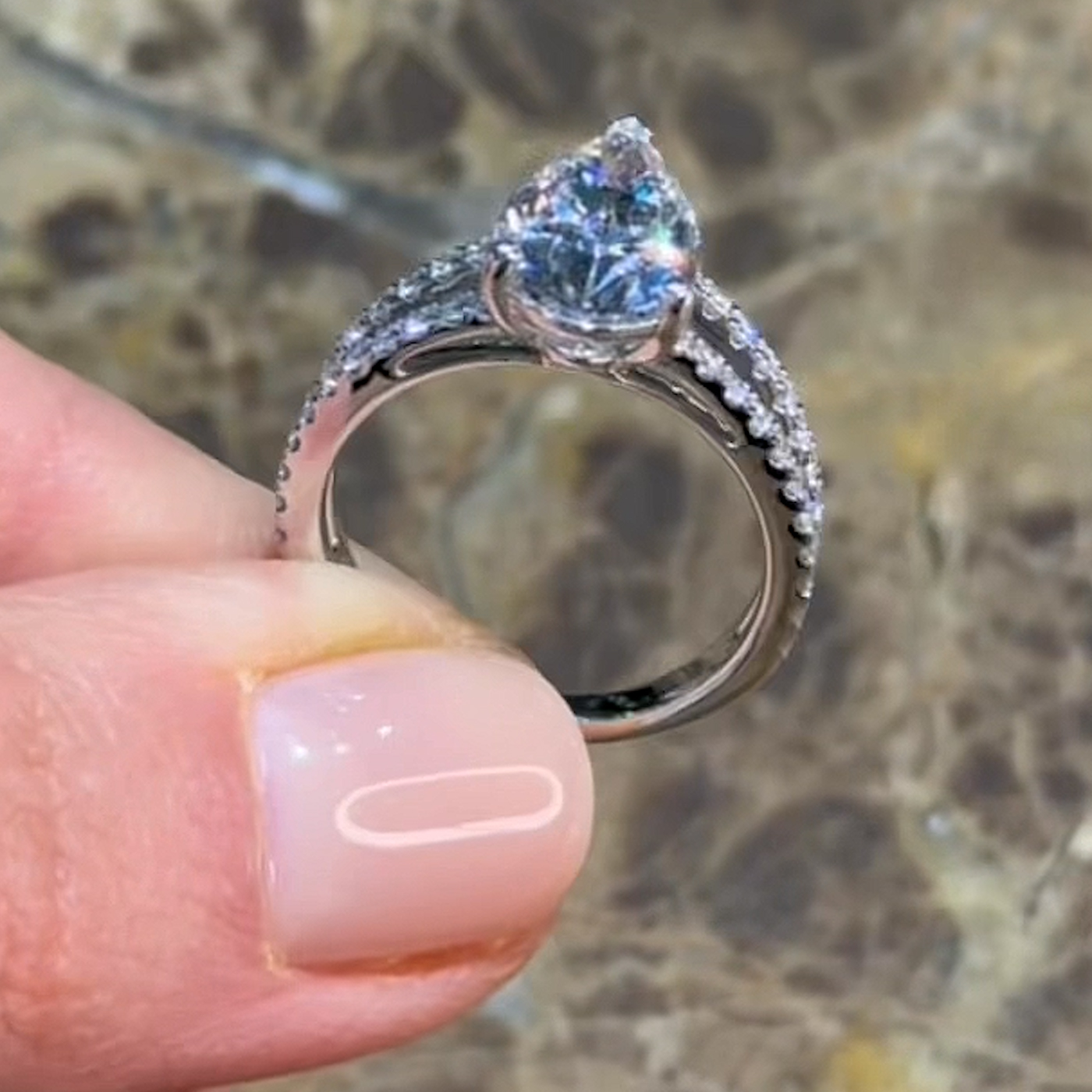 18k white gold pear cut lab-grown split pavé diamond ring