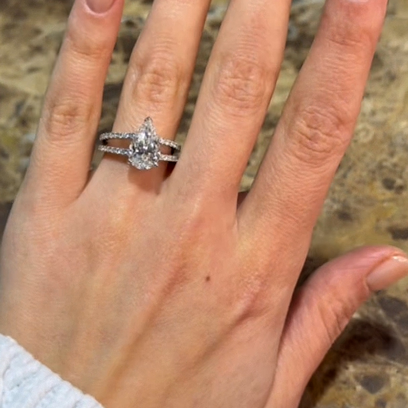 18k white gold pear cut lab-grown split pavé diamond ring