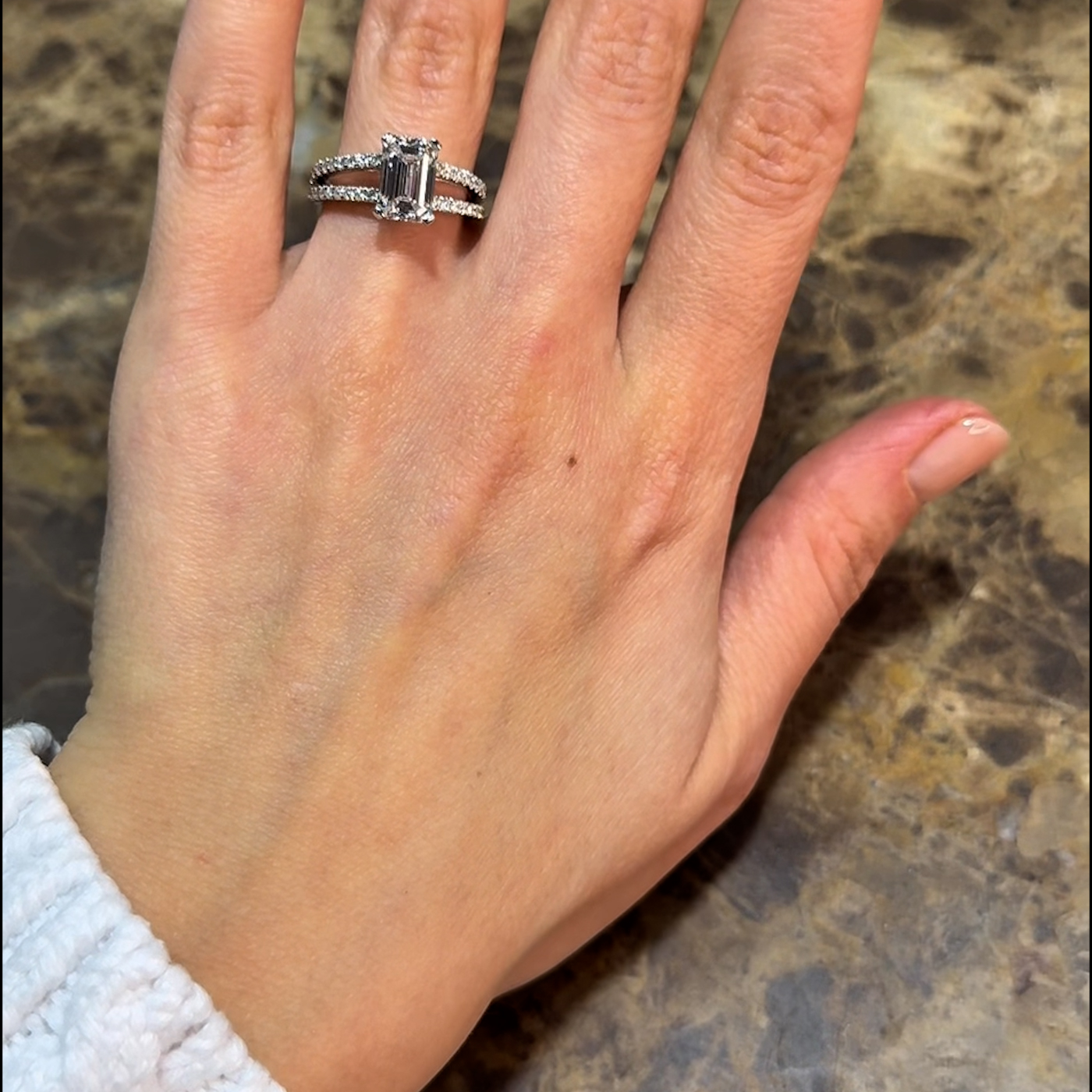 18k white gold emerald cut lab-grown diamond engagement ring with split pavé band