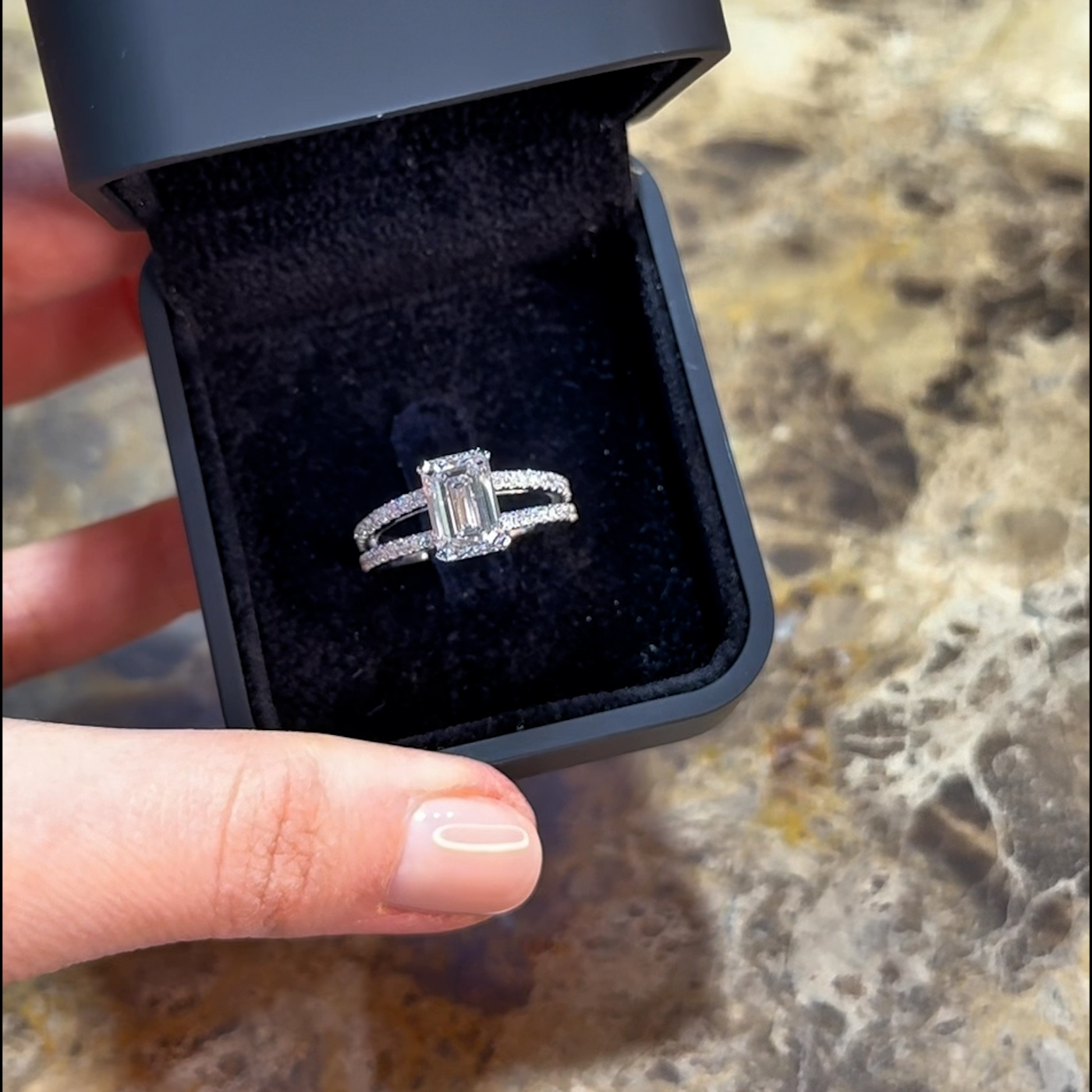 18k white gold emerald cut lab-grown diamond engagement ring with split pavé band