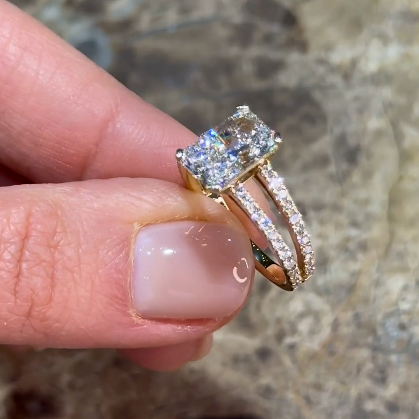 18k yellow gold radiant cut lab-grown split shank pavé diamond ring