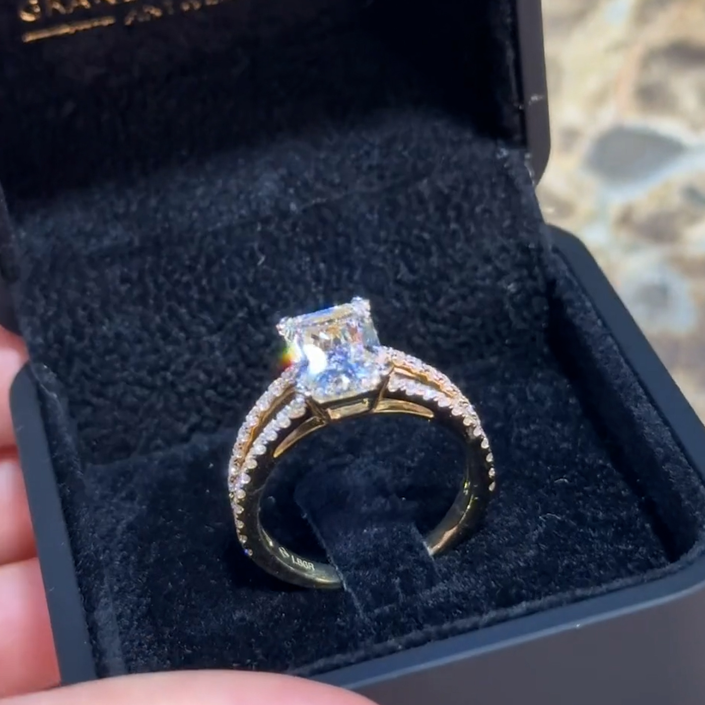 18k yellow gold radiant cut lab-grown split shank pavé diamond ring
