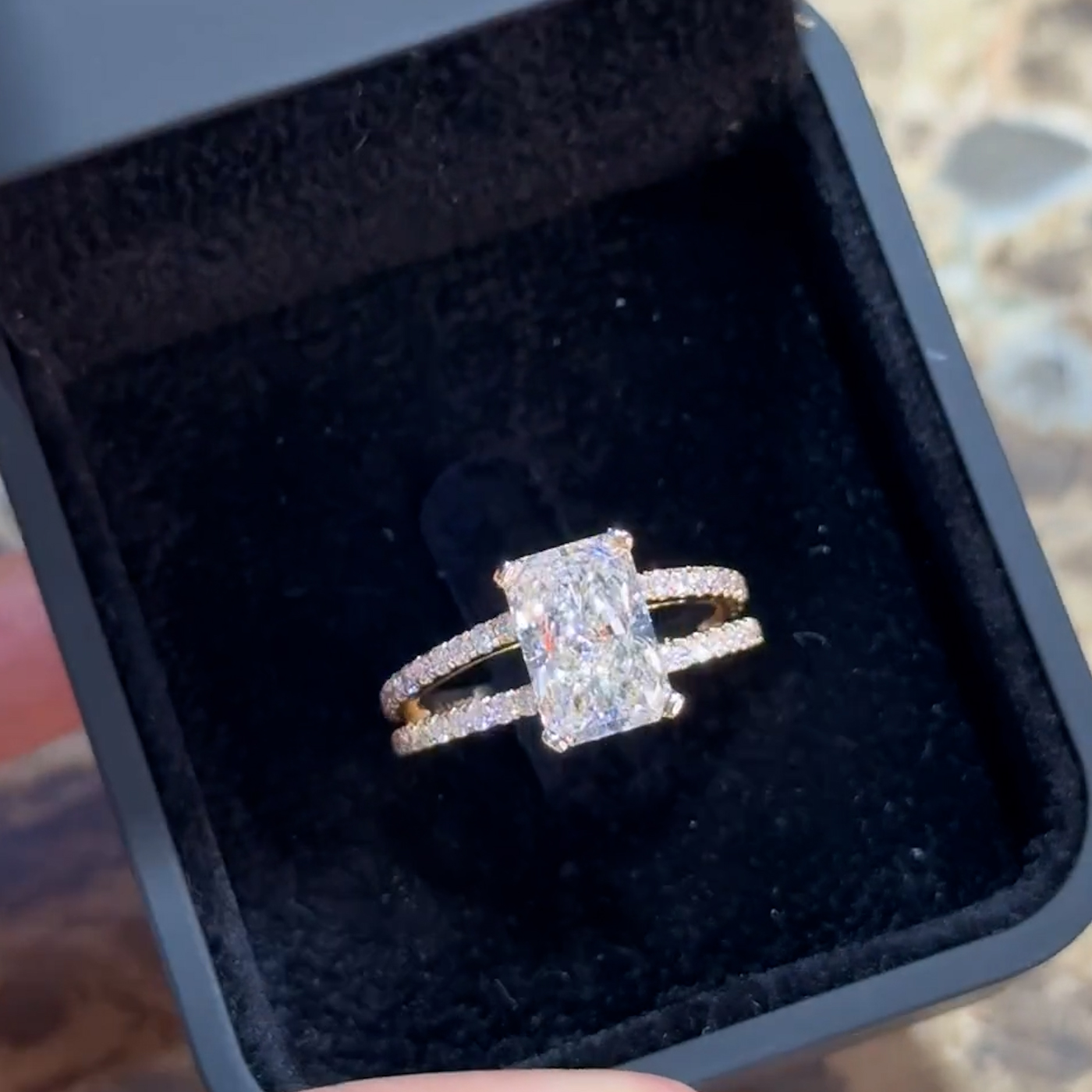 18k yellow gold radiant cut lab-grown split shank pavé diamond ring