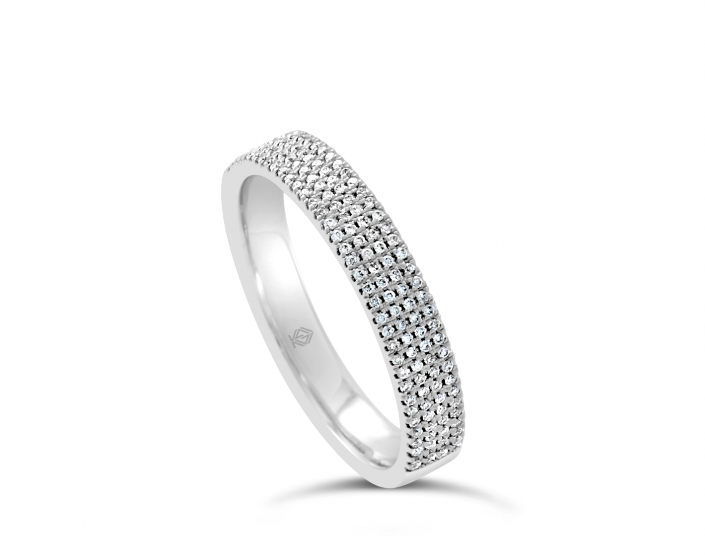 18K WHITE GOLD 4- ROW HALF ETERNITY PAVE SET ROUND SHAPED DIAMOND WEDDING RING