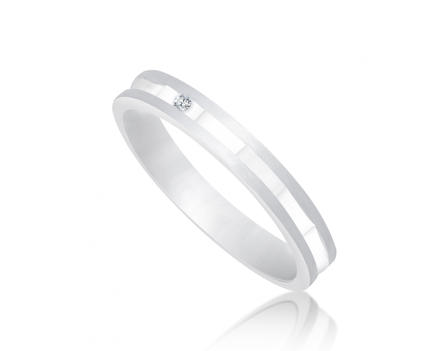 18k white gold 3mm brushed wedding ring set with an angular inlay and a round diamond