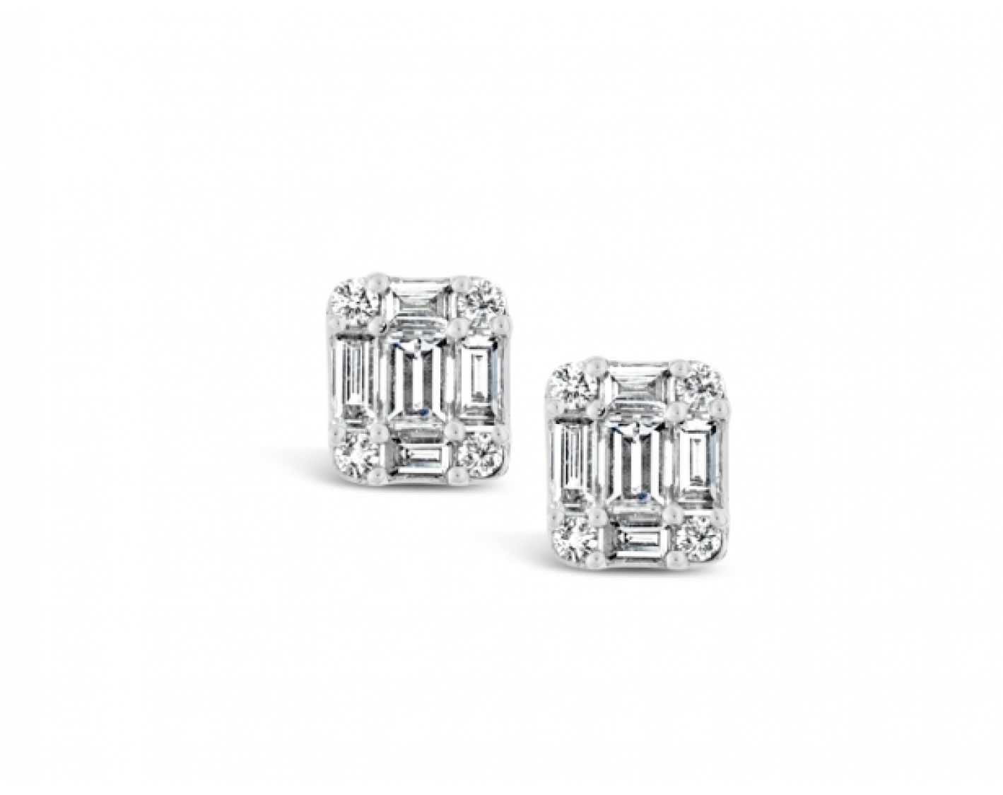 18k white gold emerald shaped illusion set earrings