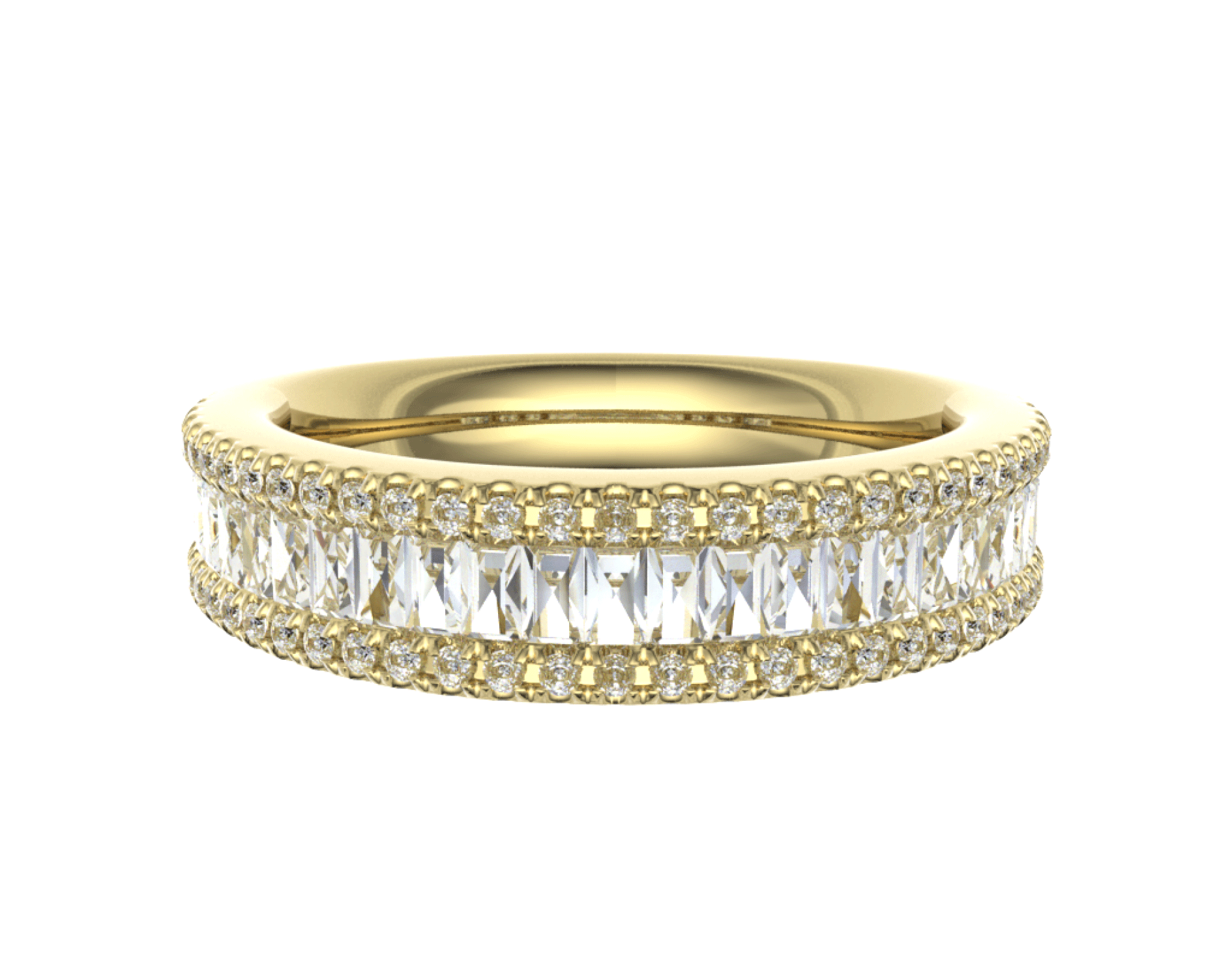 18k yellow gold multirow round & baguette diamond ring