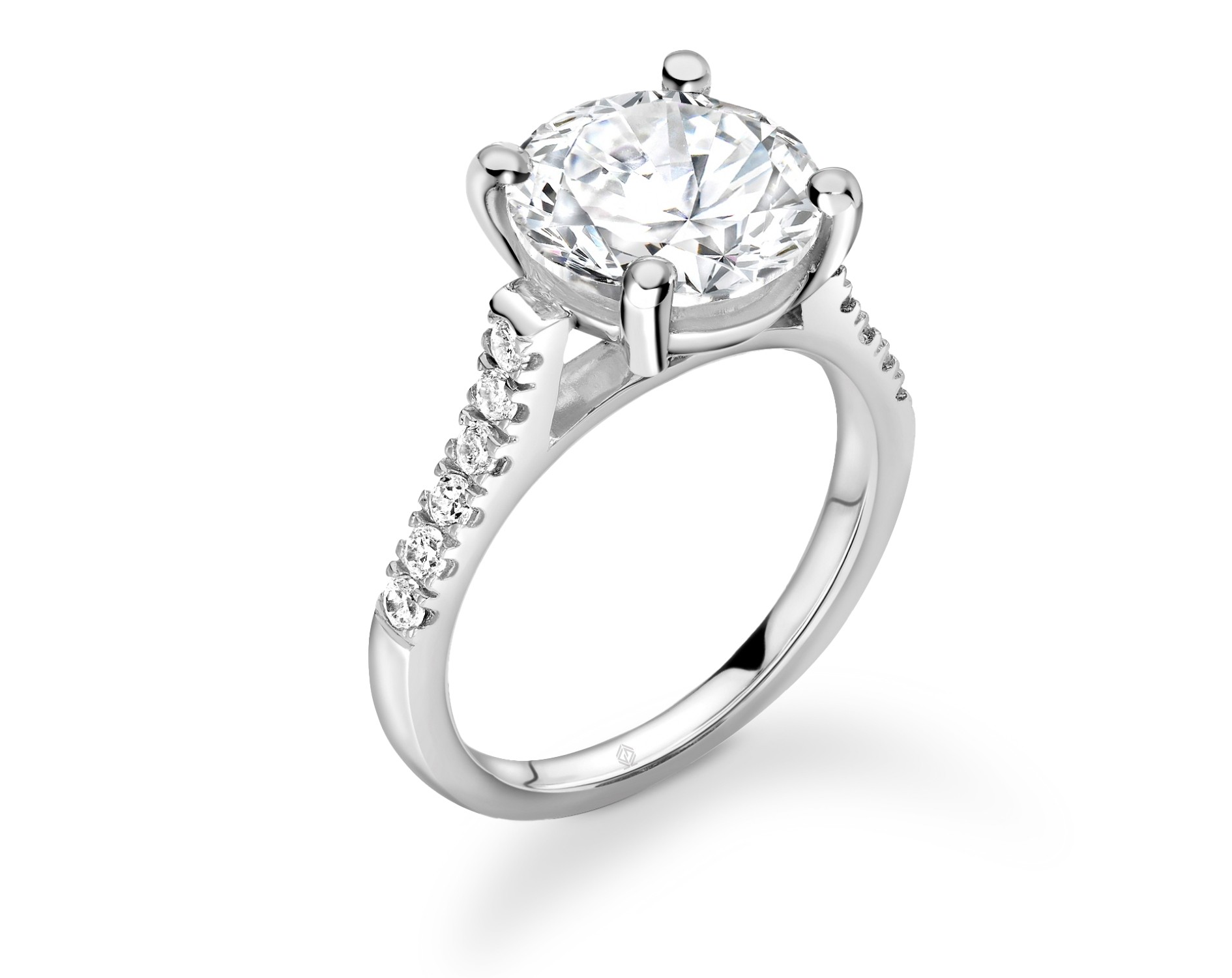 18K WHITE GOLD ROUND CUT 4 PRONGS DIAMOND ENGAGEMENT RING WITH SIDE STONES PAVE SET