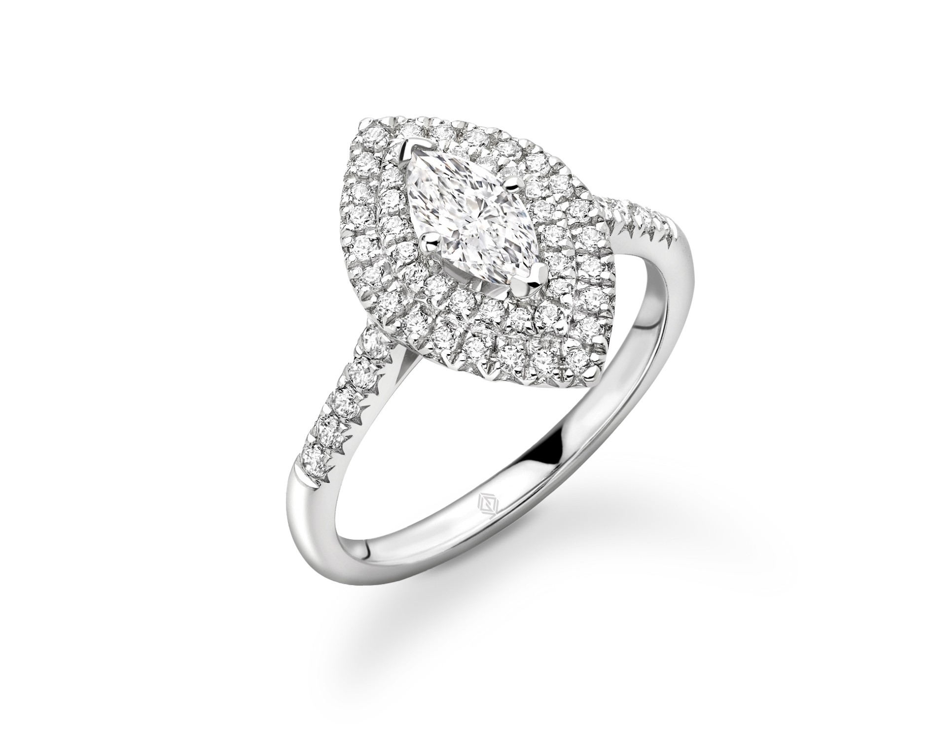 18K WHITE GOLD DOUBLE HALO MARQUISE CUT DIAMOND ENGAGEMENT RING WITH SIDE STONES PAVE SET