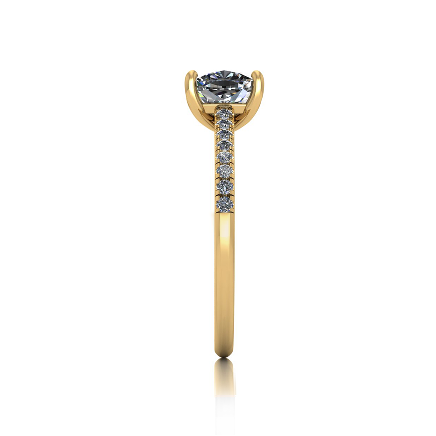 18K YELLOW GOLD 4 PRONGS CUSHION CUT DIAMOND ENGAGEMENT RING WITH WHISPER THIN PAVÉ SET BAND