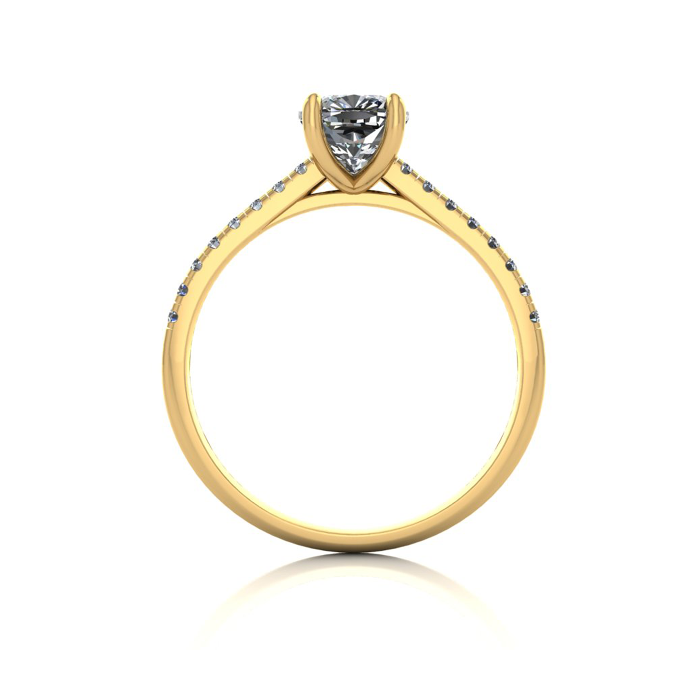 18K YELLOW GOLD 4 PRONGS CUSHION CUT DIAMOND ENGAGEMENT RING WITH WHISPER THIN PAVÉ SET BAND