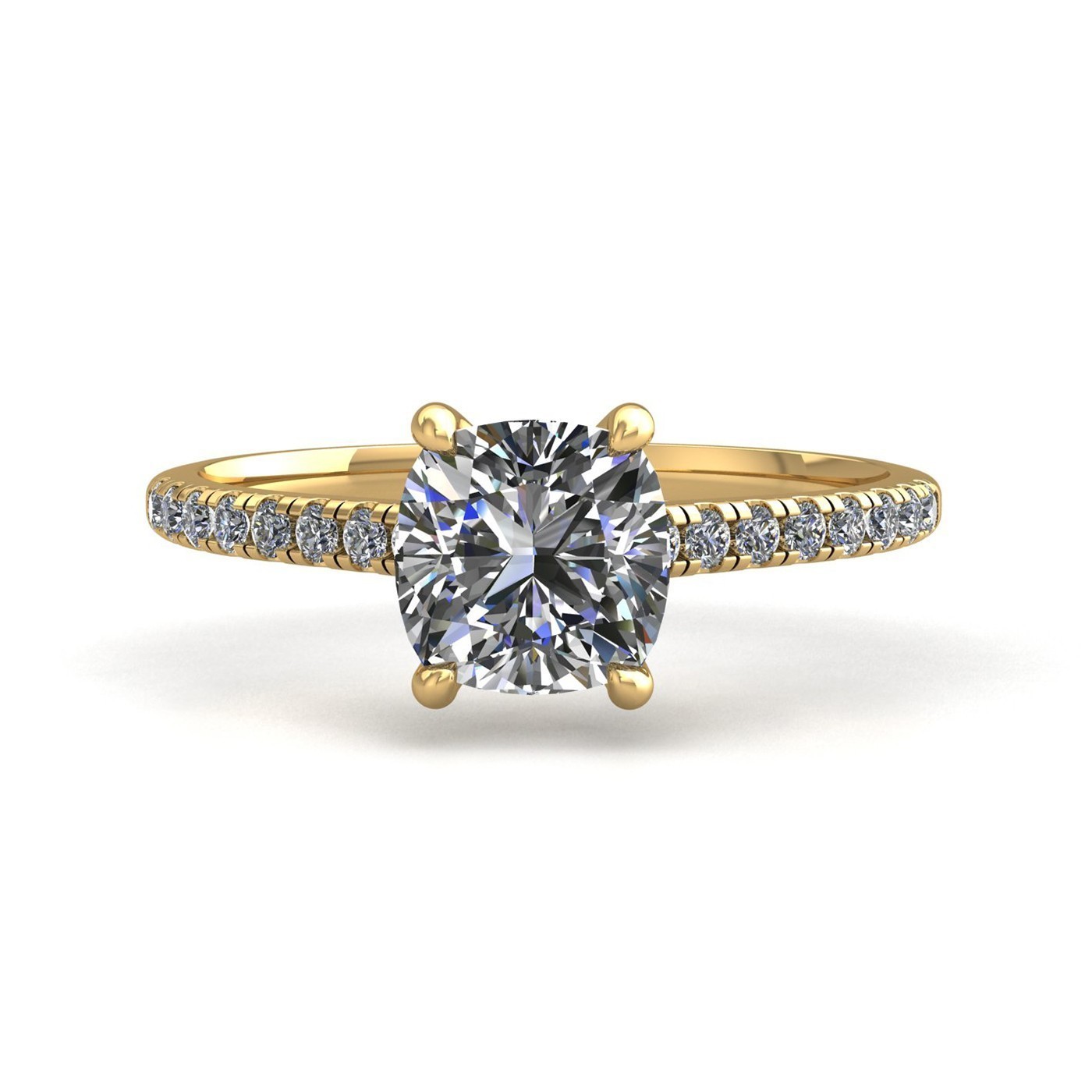 18K YELLOW GOLD 4 PRONGS CUSHION CUT DIAMOND ENGAGEMENT RING WITH WHISPER THIN PAVÉ SET BAND