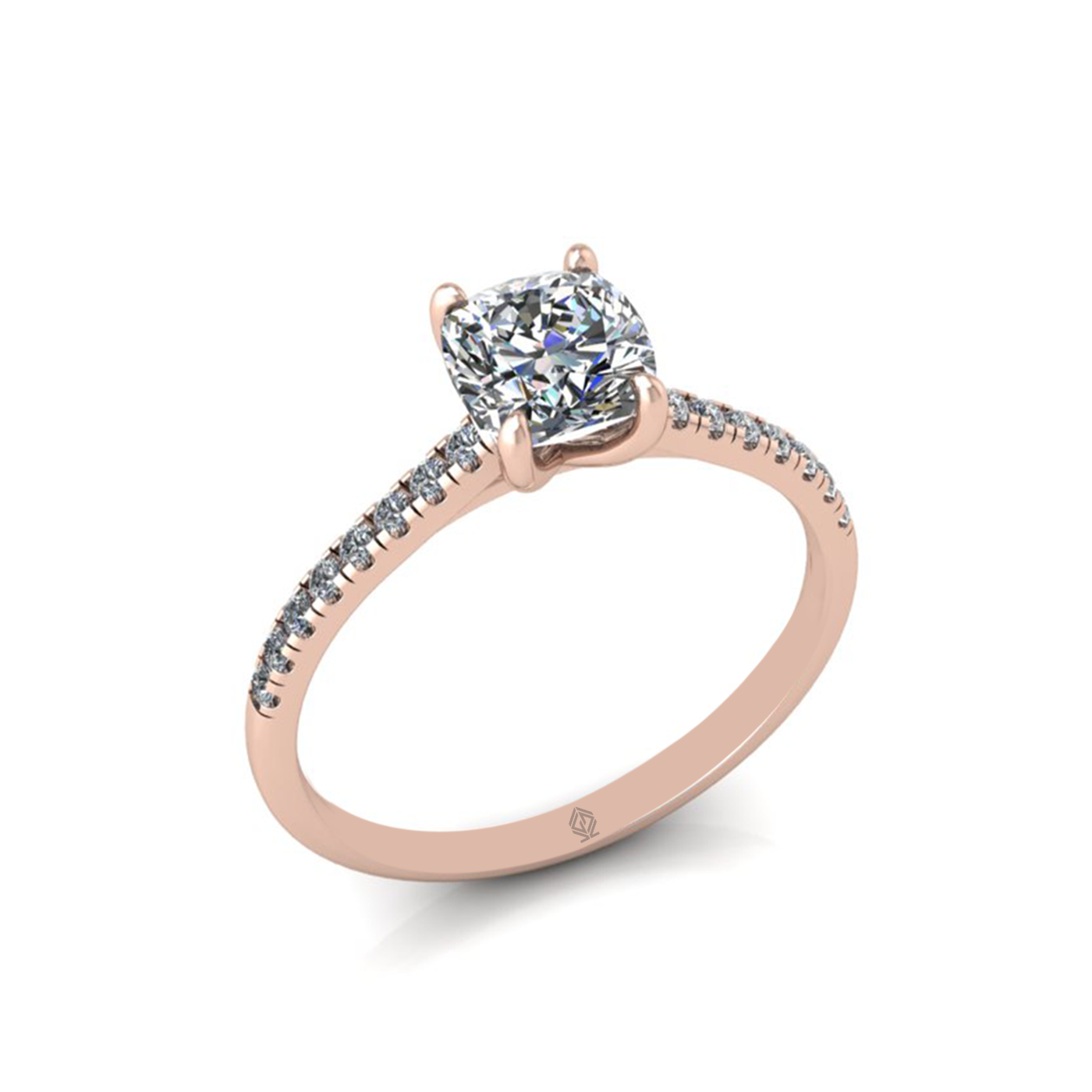 18K ROSE GOLD 4 PRONGS CUSHION CUT DIAMOND ENGAGEMENT RING WITH WHISPER THIN PAVÉ SET BAND