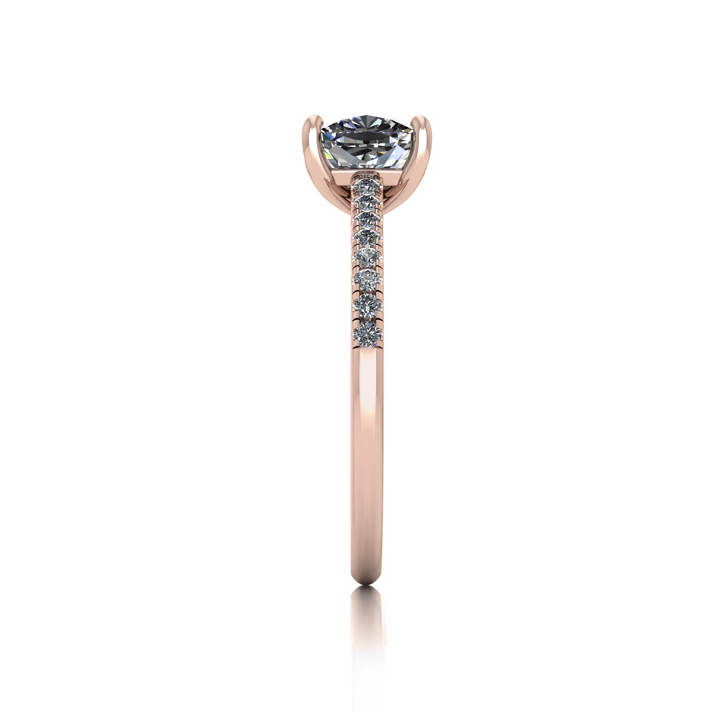 18K ROSE GOLD 4 PRONGS CUSHION CUT DIAMOND ENGAGEMENT RING WITH WHISPER THIN PAVÉ SET BAND