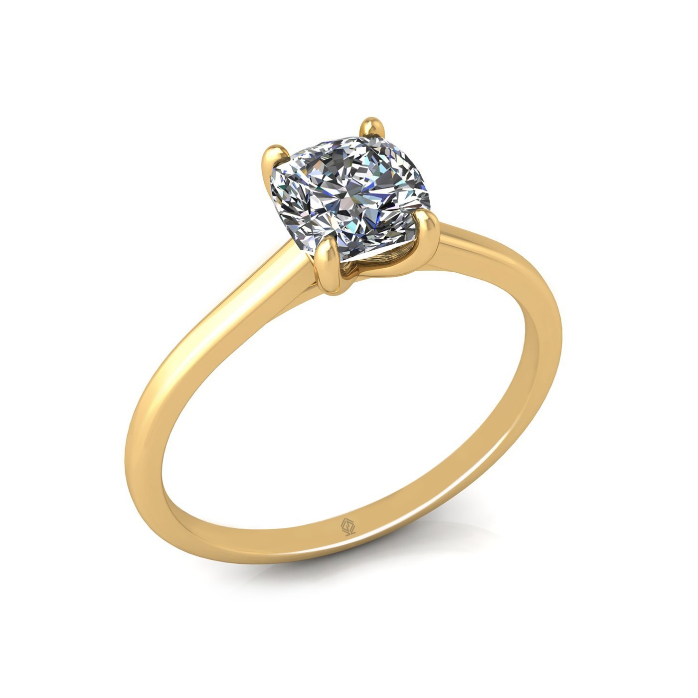 18K YELLOW GOLD 4 PRONGS SOLITAIRE CUSHION CUT DIAMOND ENGAGEMENT RING WITH WHISPER THIN BAND
