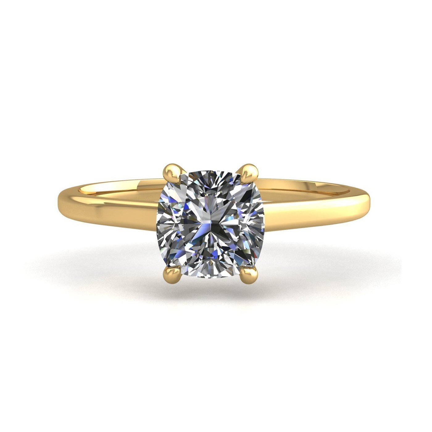 18K YELLOW GOLD 4 PRONGS SOLITAIRE CUSHION CUT DIAMOND ENGAGEMENT RING WITH WHISPER THIN BAND