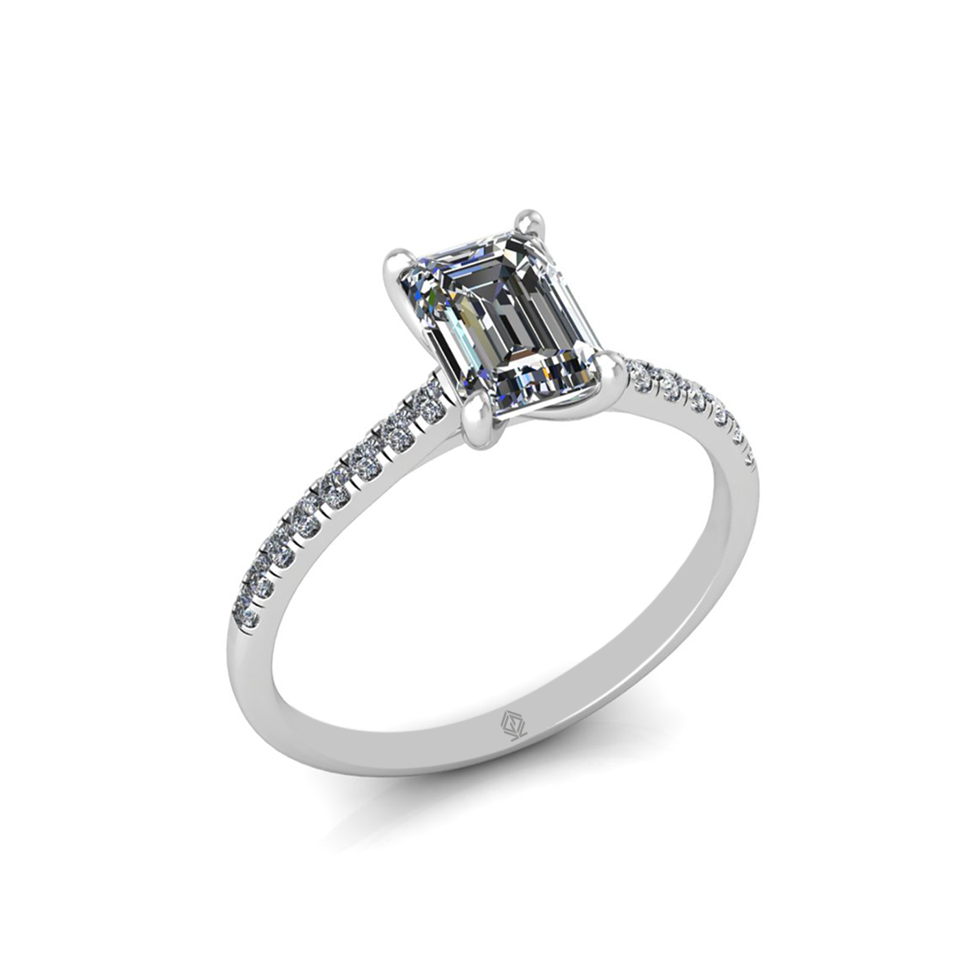 18K WHITE GOLD 4 PRONGS EMERALD CUT DIAMOND ENGAGEMENT RING WITH WHISPER THIN PAVÉ SET BAND
