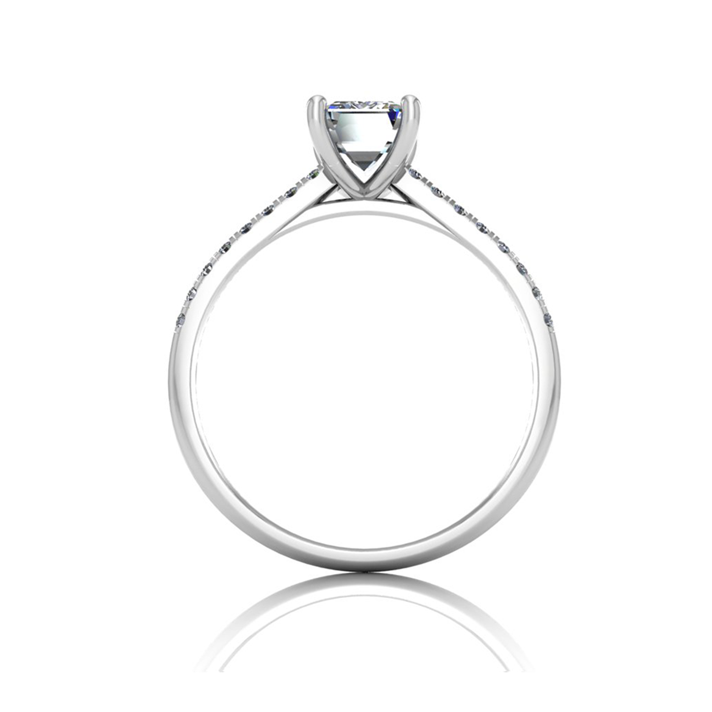 18K WHITE GOLD 4 PRONGS EMERALD CUT DIAMOND ENGAGEMENT RING WITH WHISPER THIN PAVÉ SET BAND