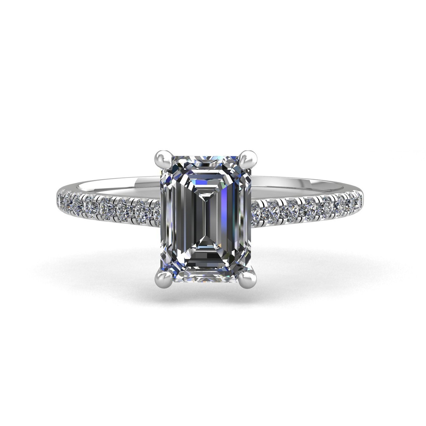 18K WHITE GOLD 4 PRONGS EMERALD CUT DIAMOND ENGAGEMENT RING WITH WHISPER THIN PAVÉ SET BAND