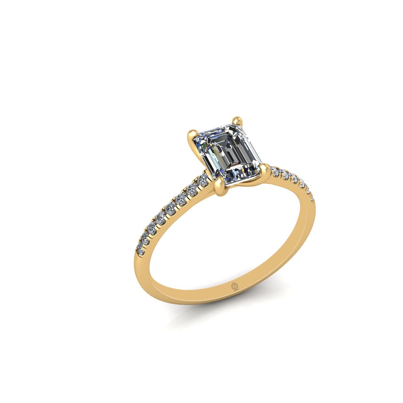 18K YELLOW GOLD 4 PRONGS EMERALD CUT DIAMOND ENGAGEMENT RING WITH WHISPER THIN PAVÉ SET BAND