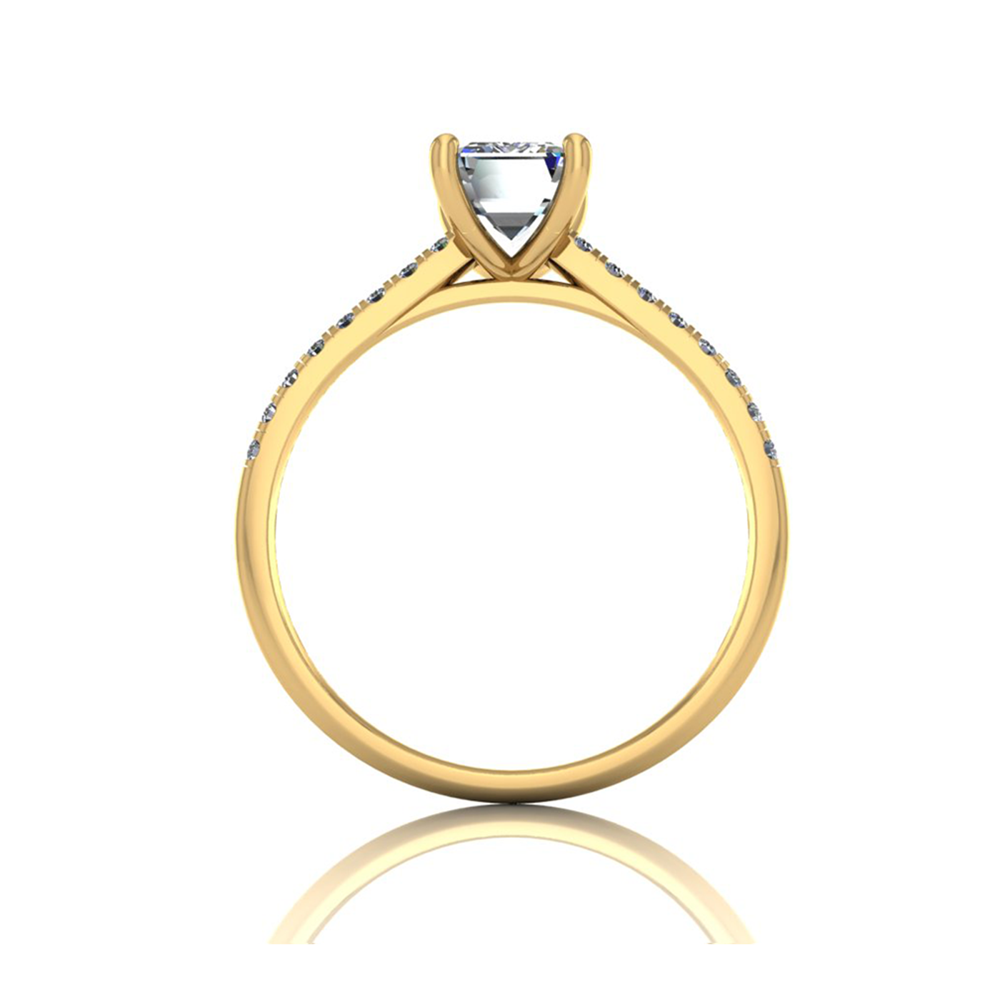18K YELLOW GOLD 4 PRONGS EMERALD CUT DIAMOND ENGAGEMENT RING WITH WHISPER THIN PAVÉ SET BAND