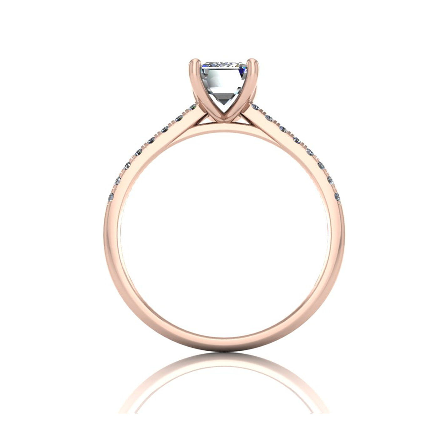 18K ROSE GOLD 4 PRONGS EMERALD CUT DIAMOND ENGAGEMENT RING WITH WHISPER THIN PAVÉ SET BAND