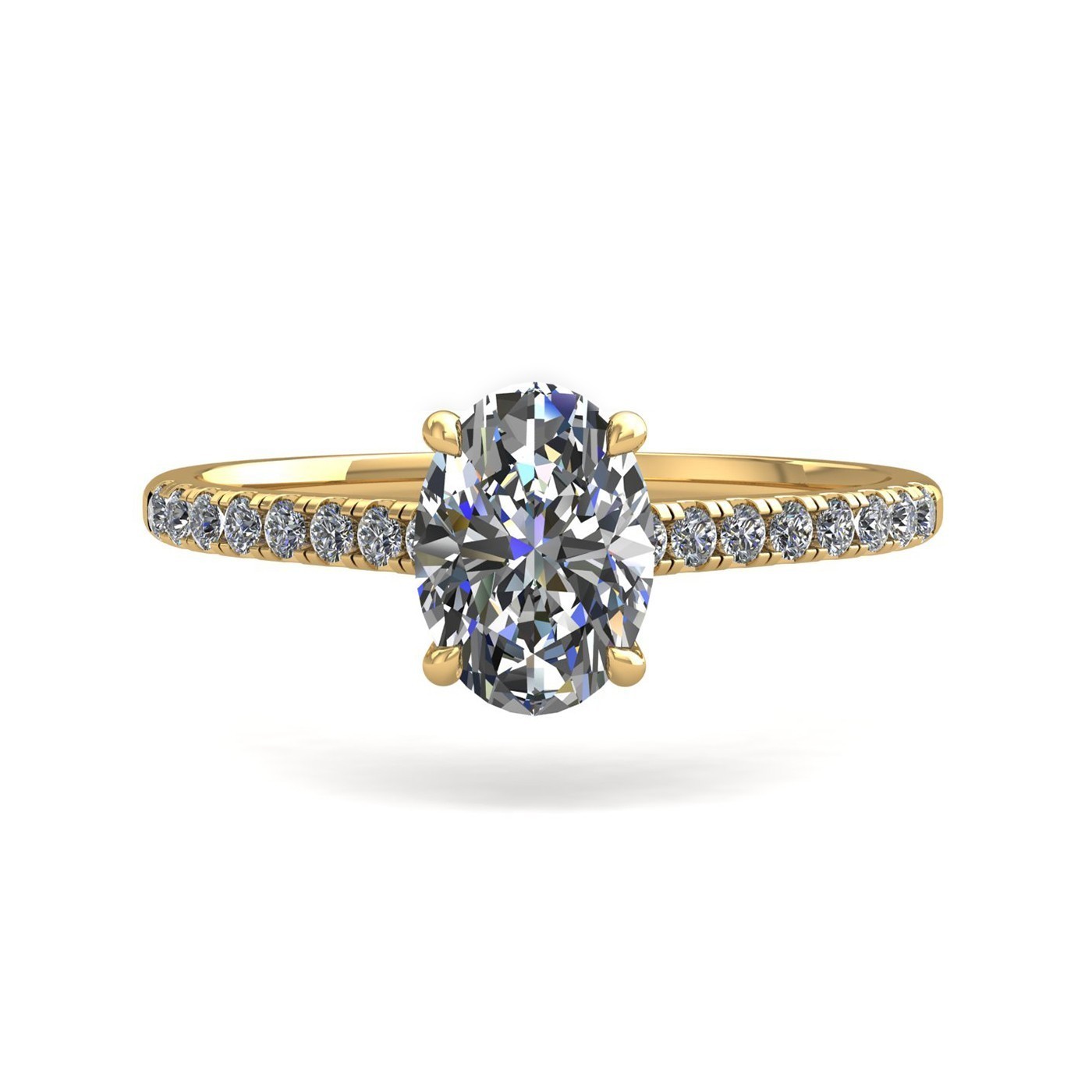 18K YELLOW GOLD 4 PRONGS OVAL CUT DIAMOND ENGAGEMENT RING WITH WHISPER THIN PAVÉ SET BAND