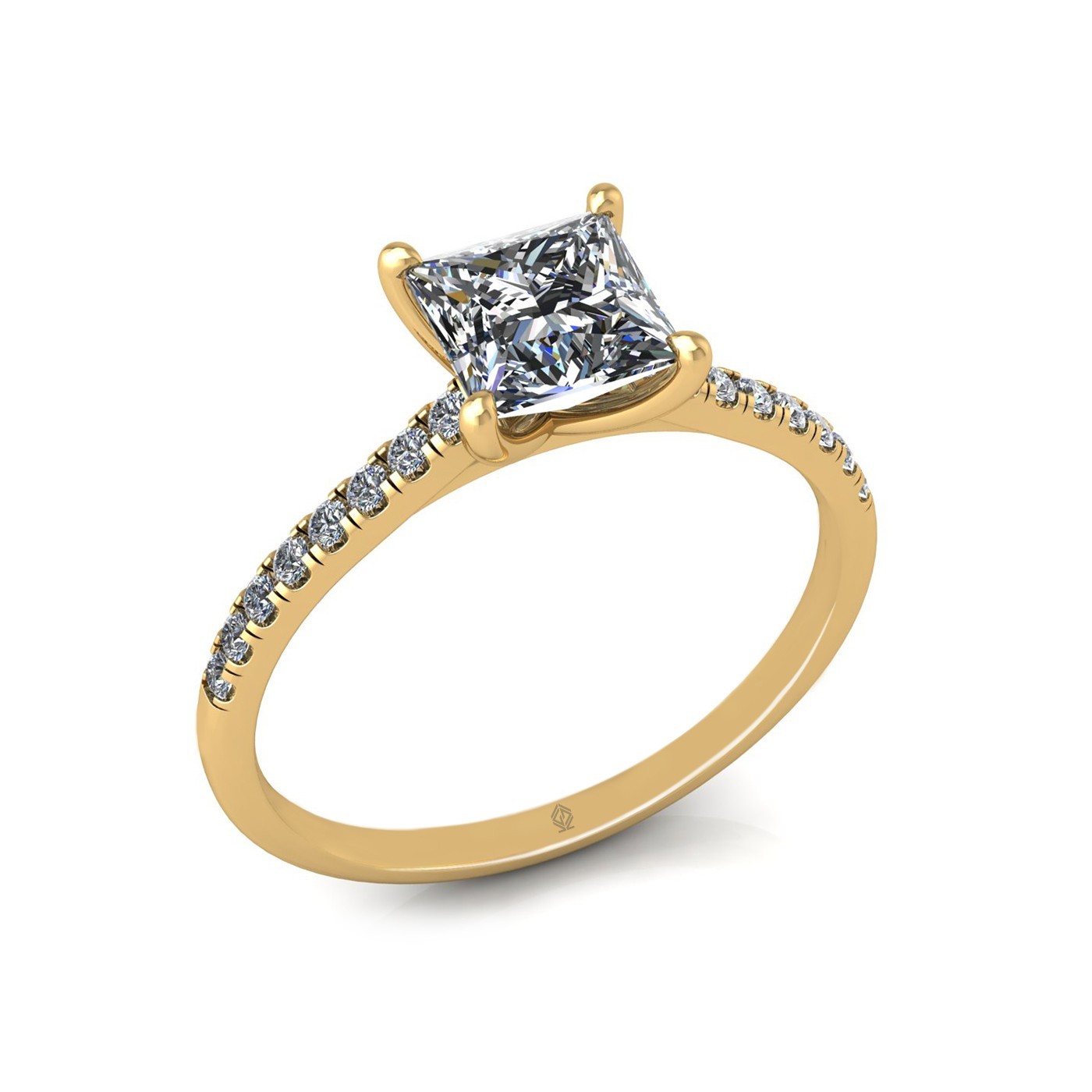 18K YELLOW GOLD 4 PRONGS PRINCESS CUT DIAMOND ENGAGEMENT RING WITH WHISPER THIN PAVÉ SET BAND